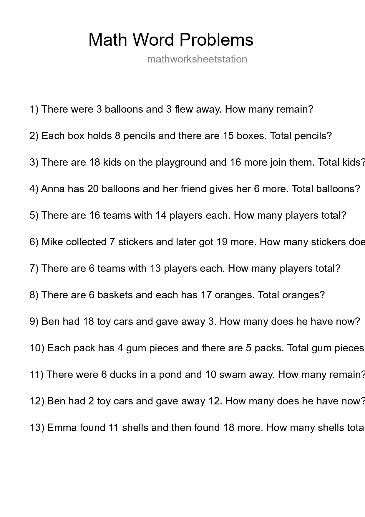 Math Word Problem Worksheet