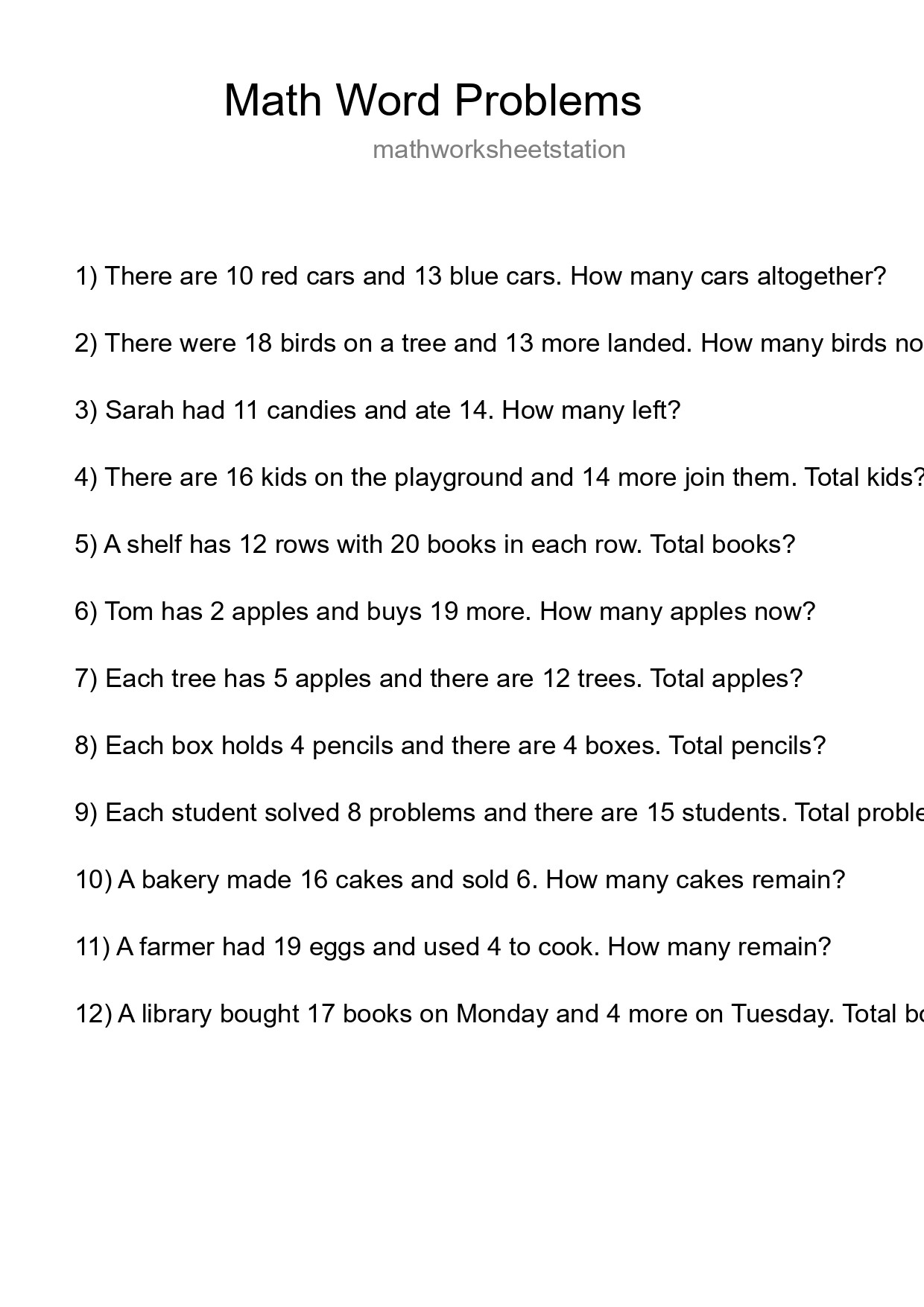 Math Word Problem Worksheet