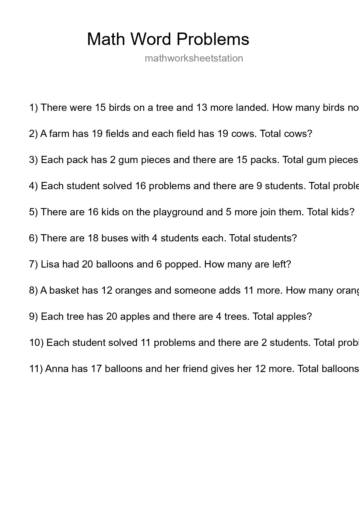 Math Word Problem Worksheet
