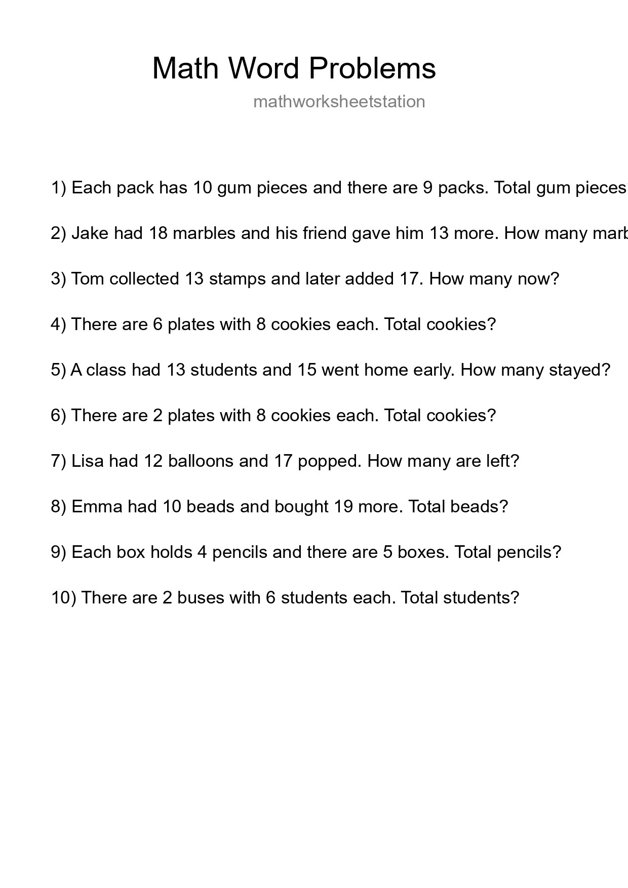 Math Word Problem Worksheet