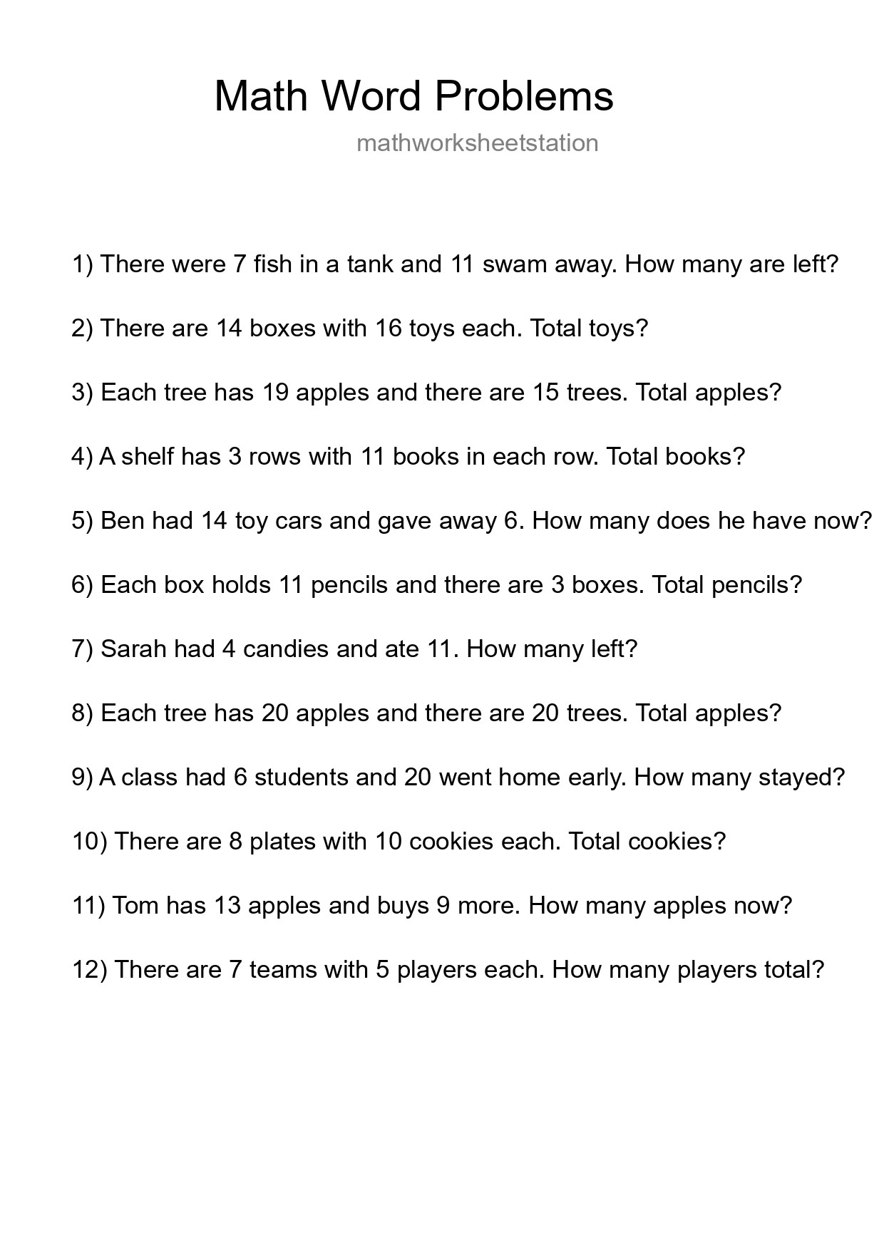 Math Word Problem Worksheet