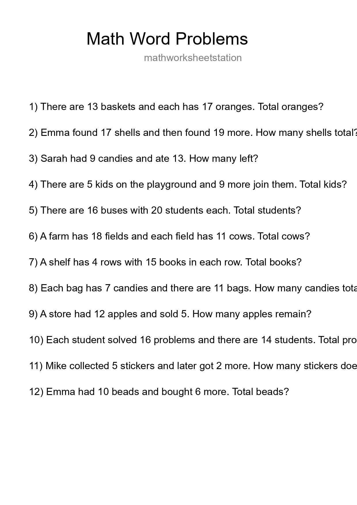 Math Word Problem Worksheet