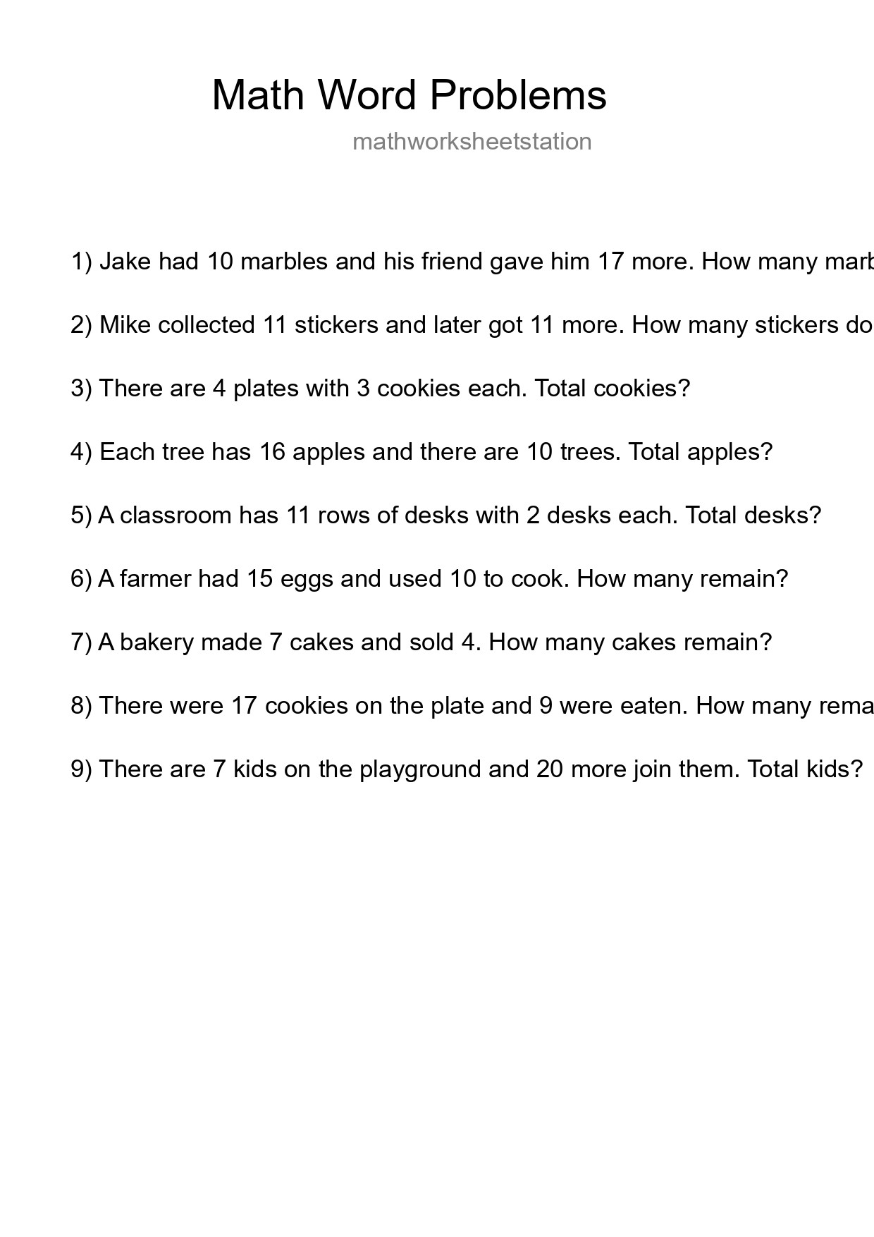 Math Word Problem Worksheet