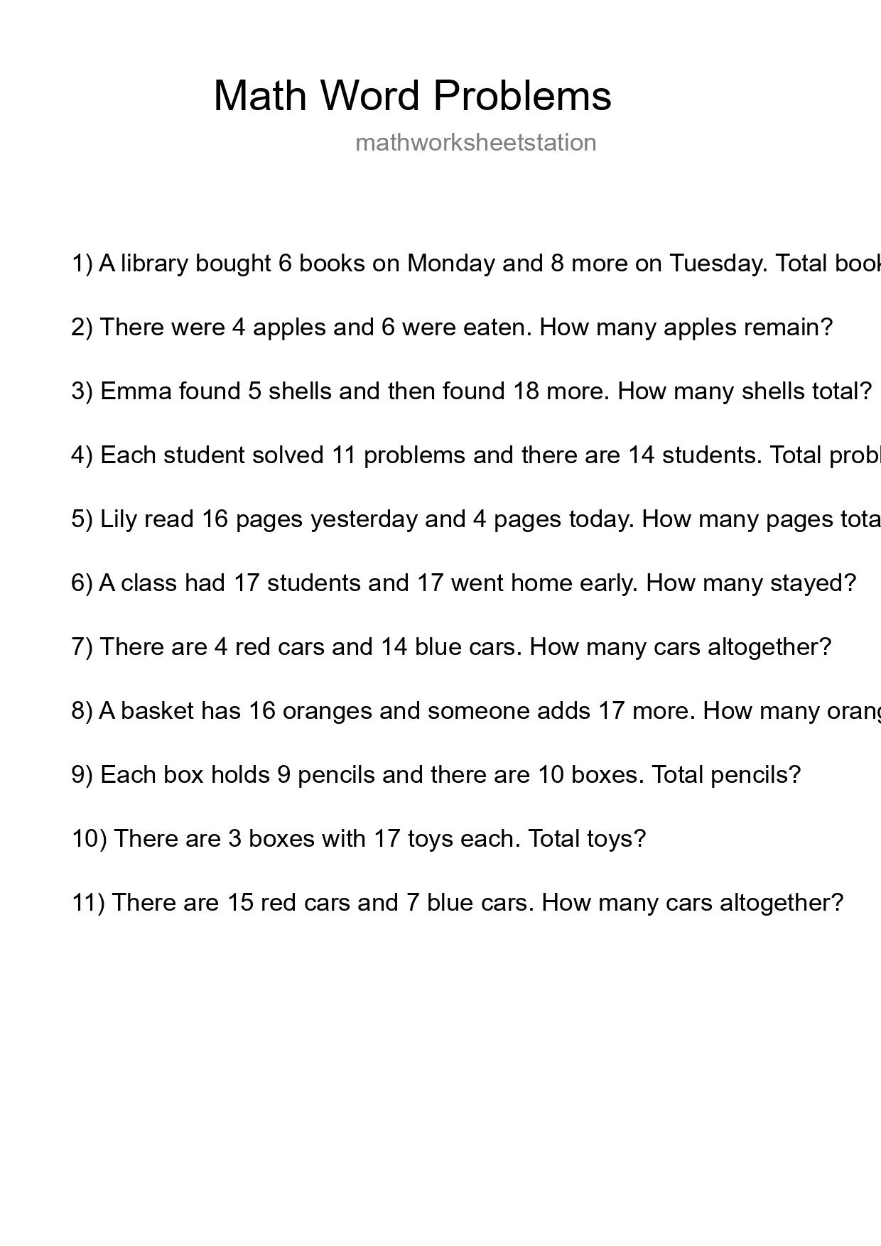 Math Word Problem Worksheet