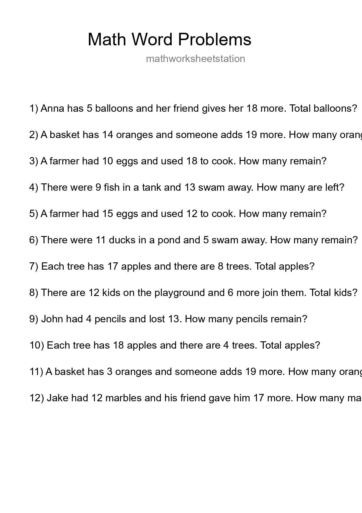 Math Word Problem Worksheet