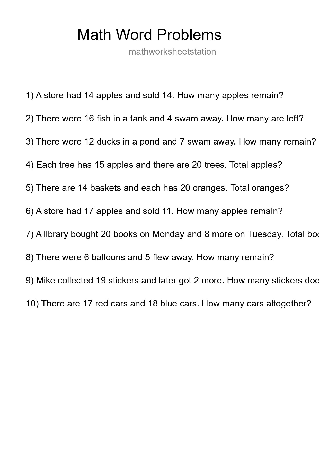 Math Word Problem Worksheet