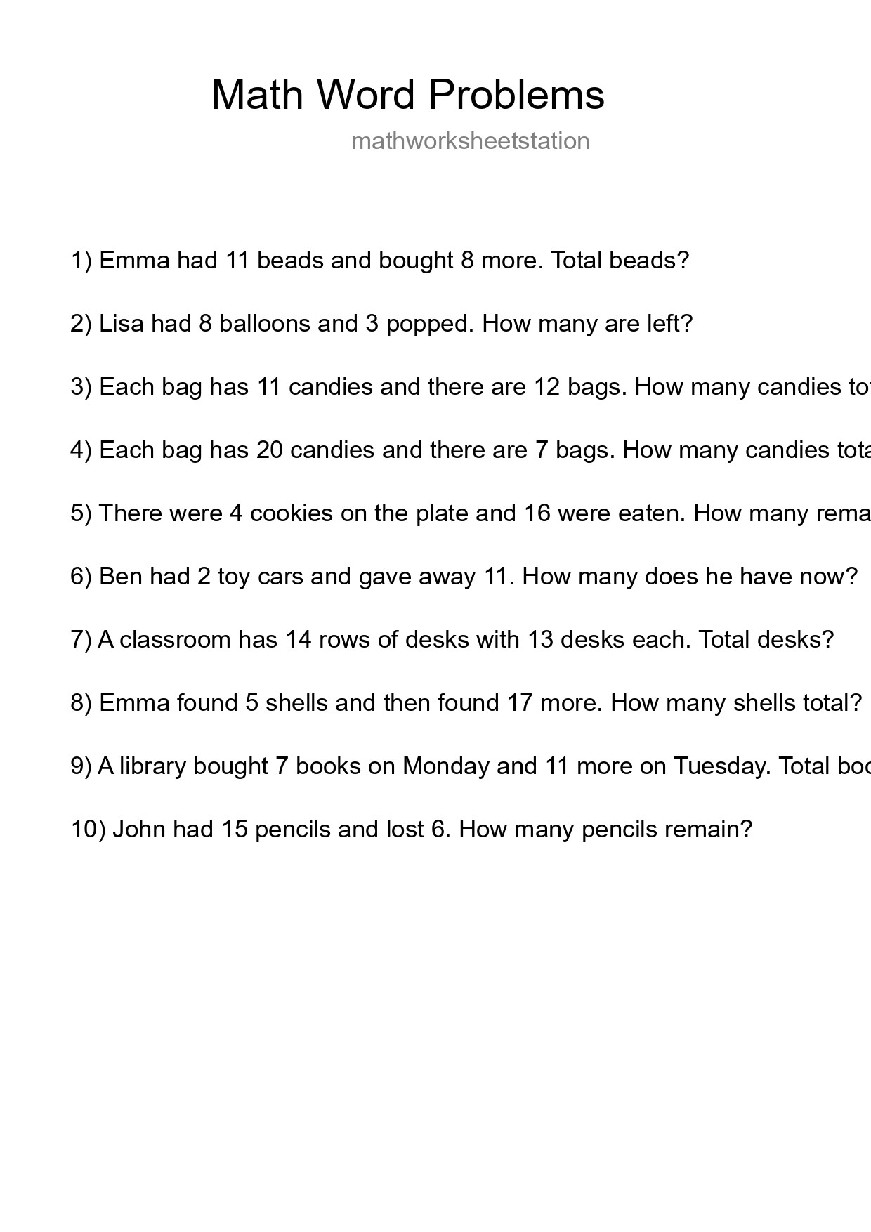 Math Word Problem Worksheet