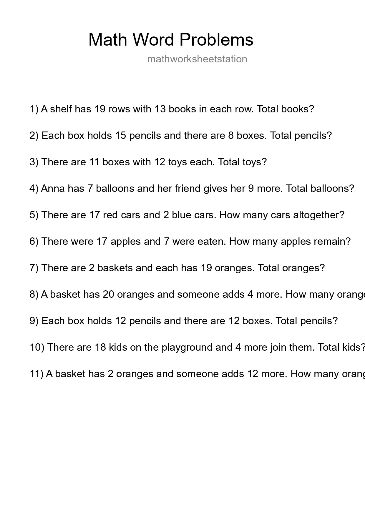 Math Word Problem Worksheet