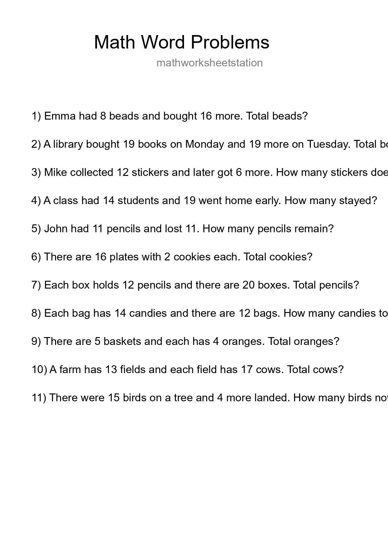Math Word Problem Worksheet