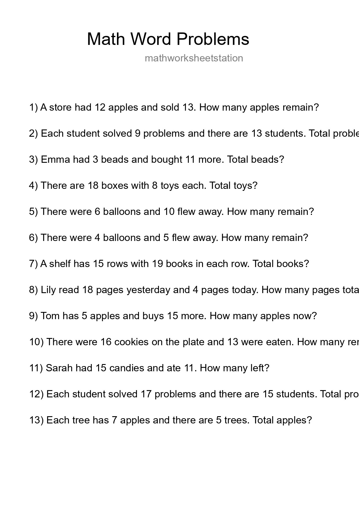 Math Word Problem Worksheet