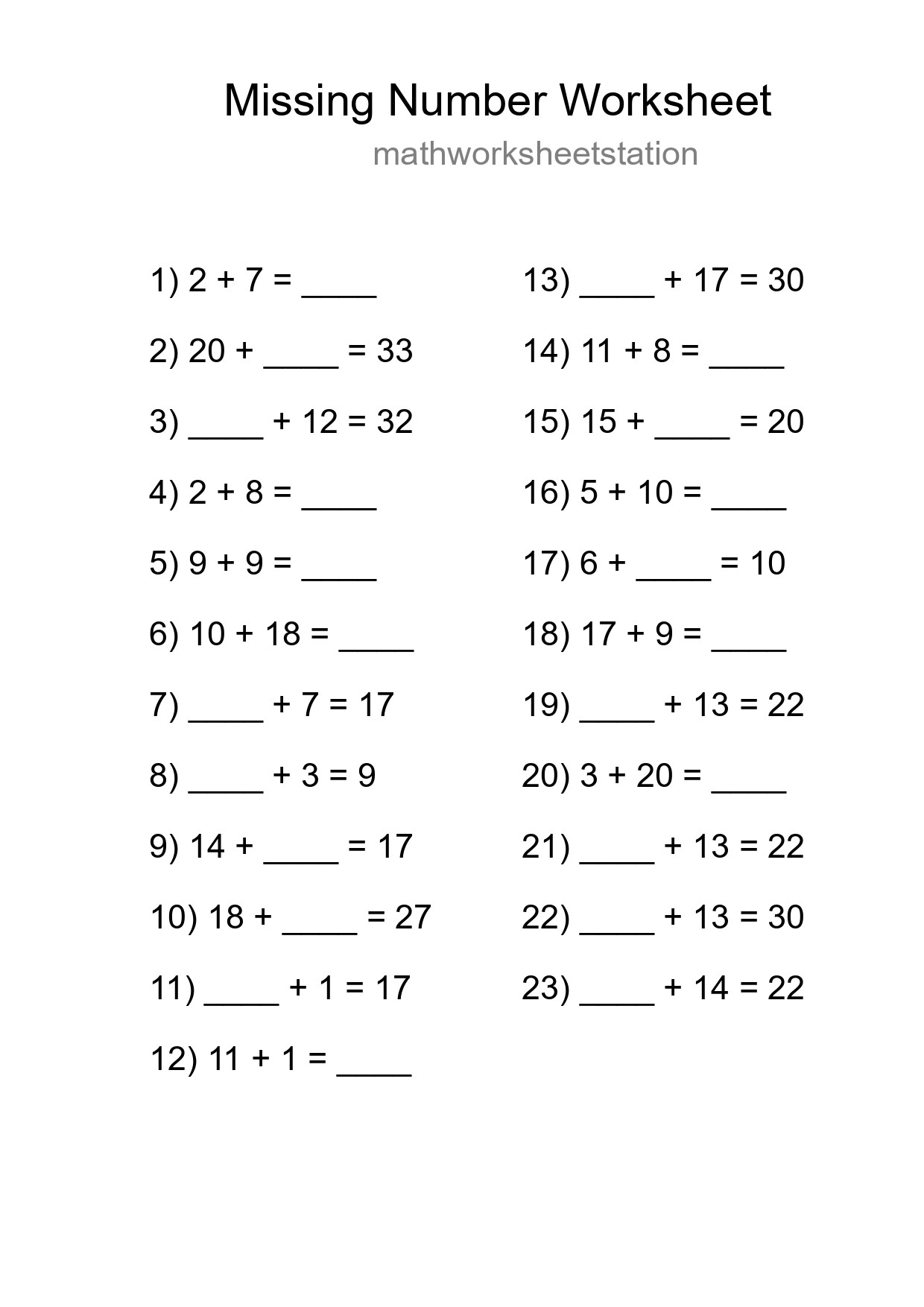 Missing Number Math Worksheet
