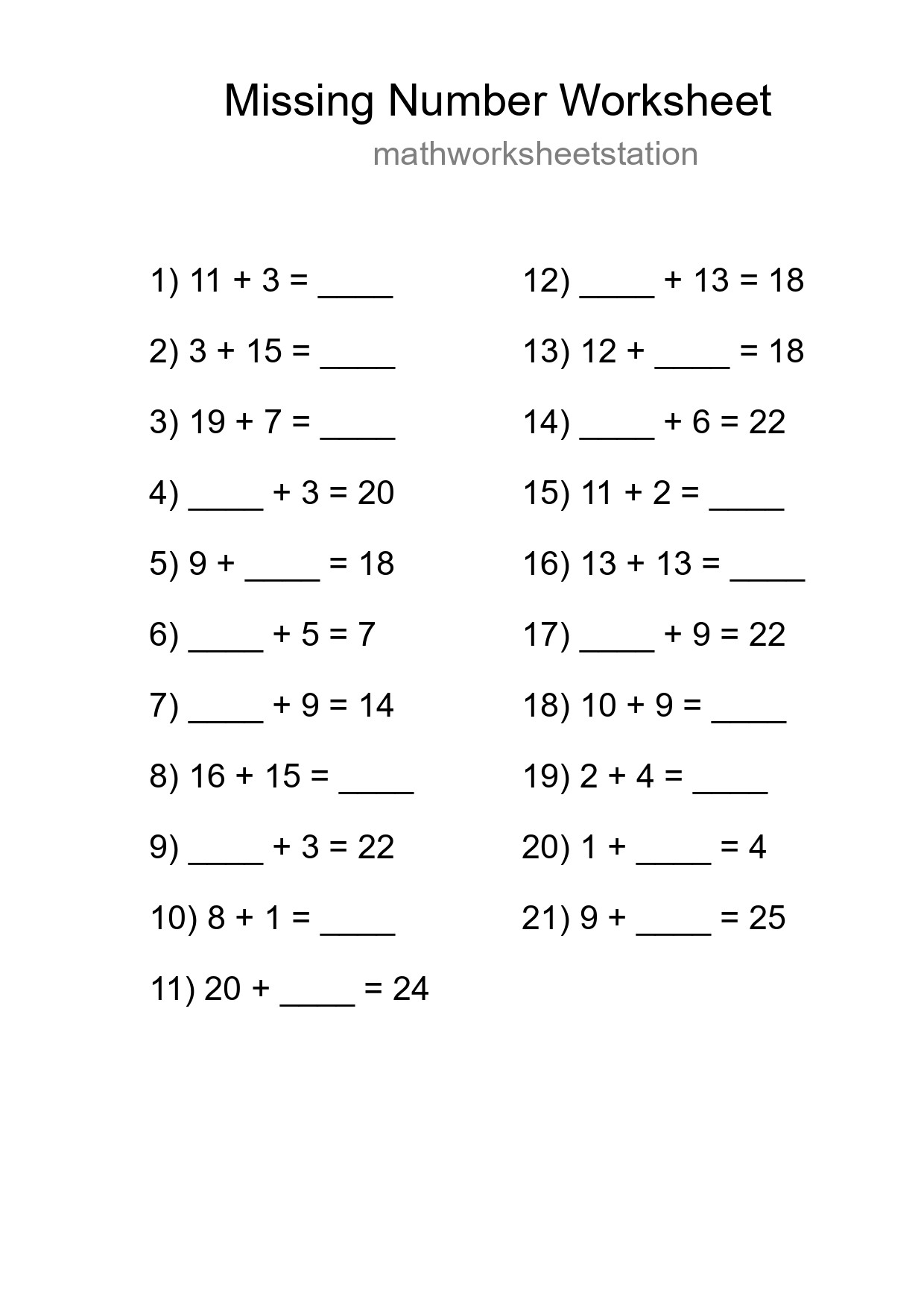 Missing Number Math Worksheet