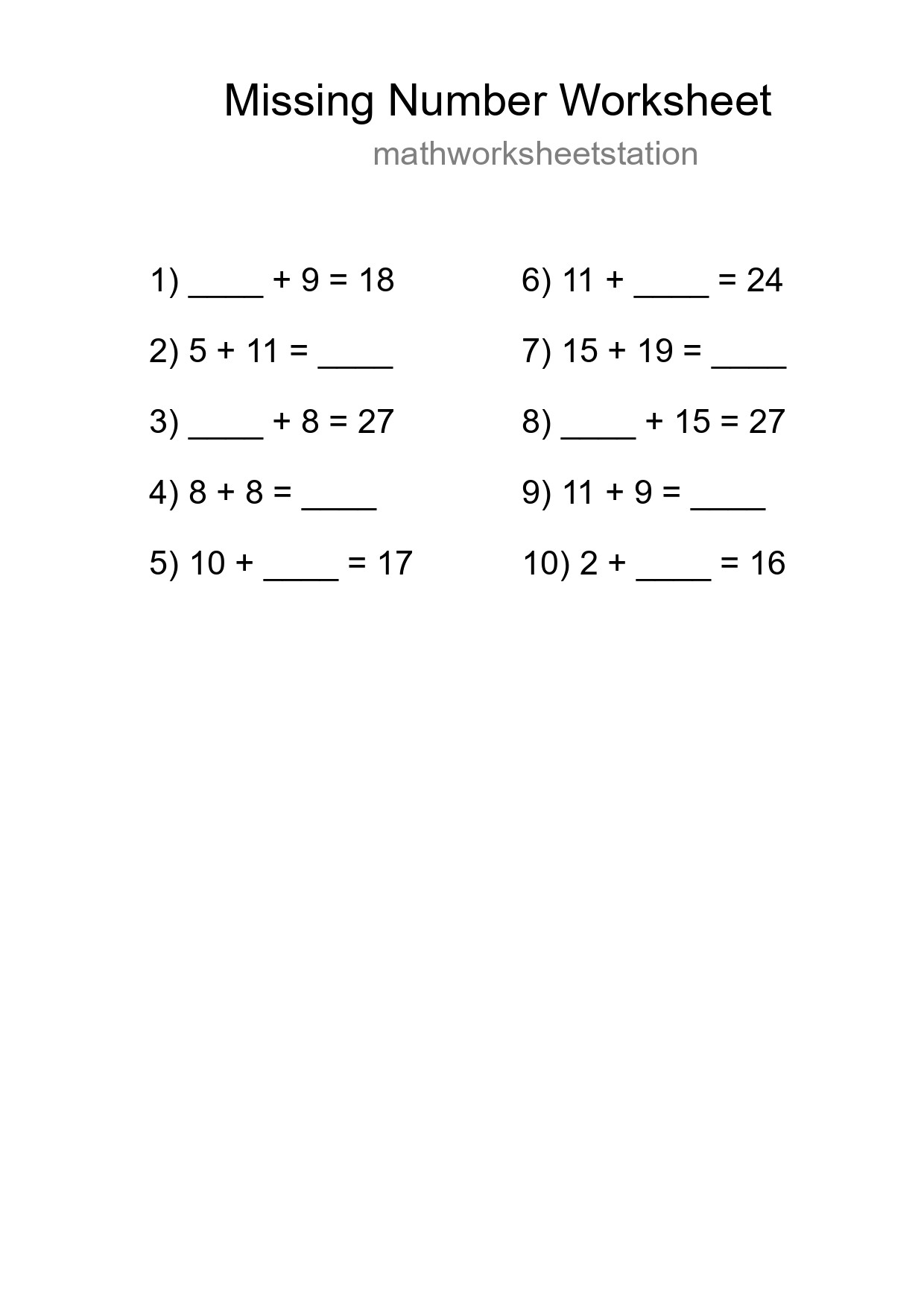 Missing Number Math Worksheet