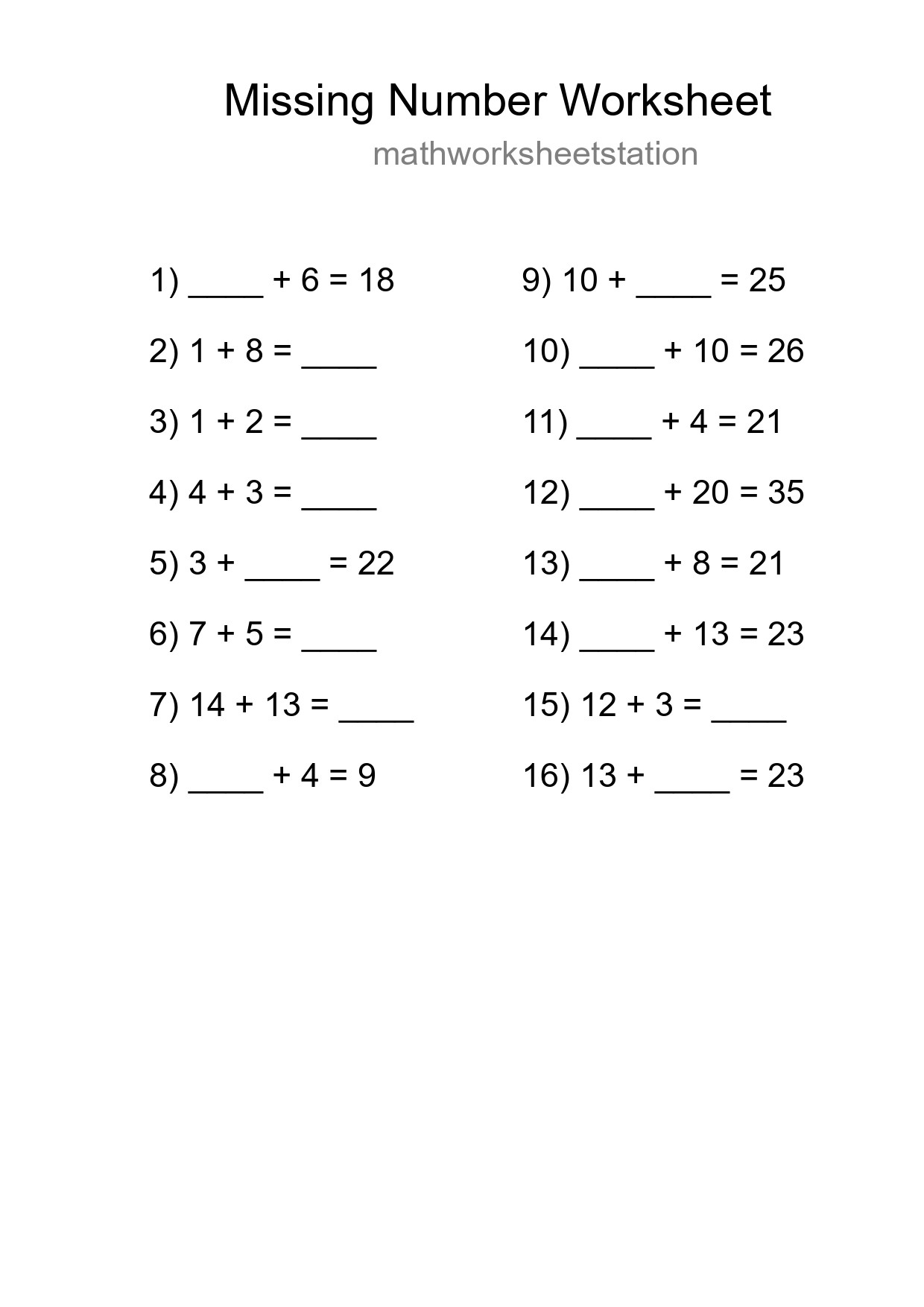 Missing Number Math Worksheet
