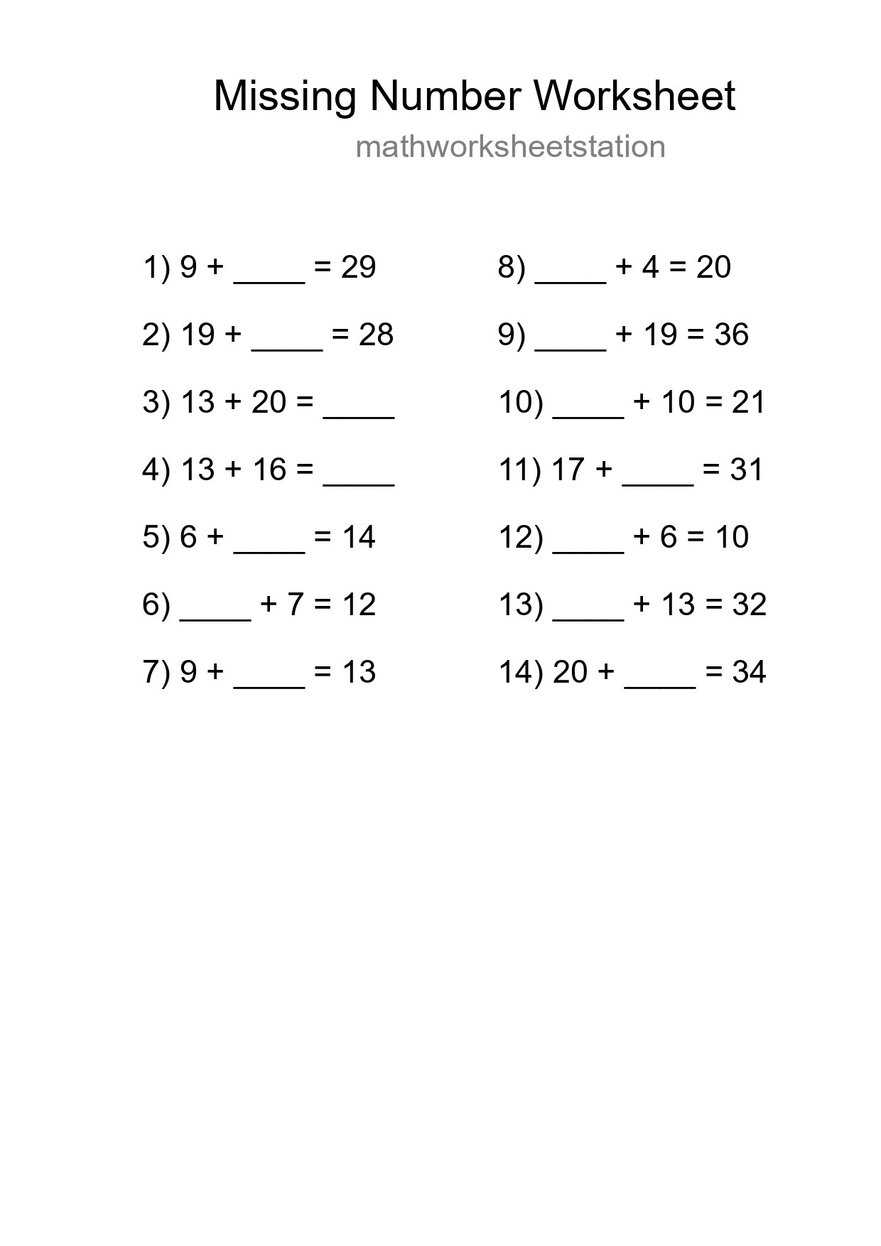 Missing Number Math Worksheet