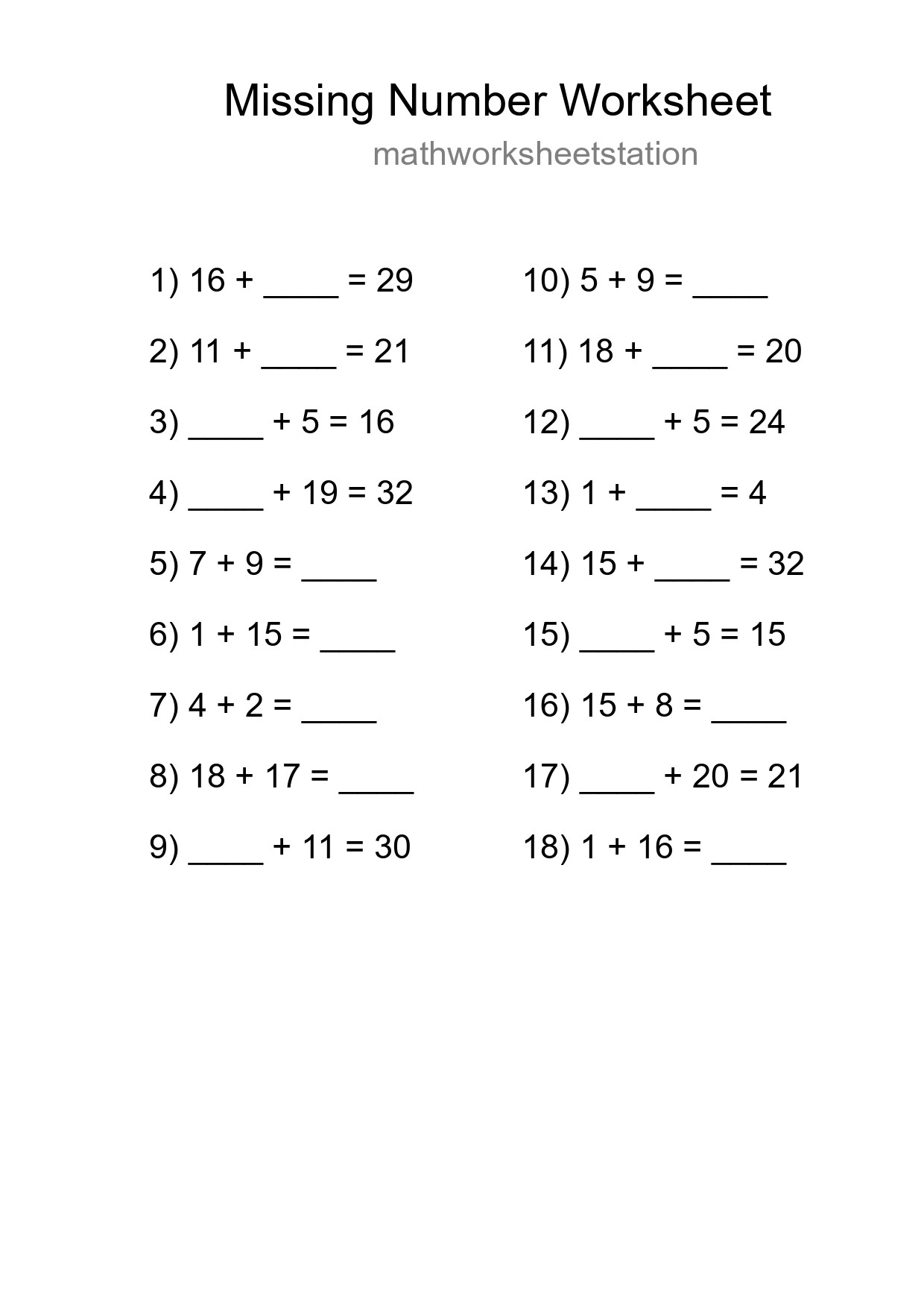 Missing Number Math Worksheet