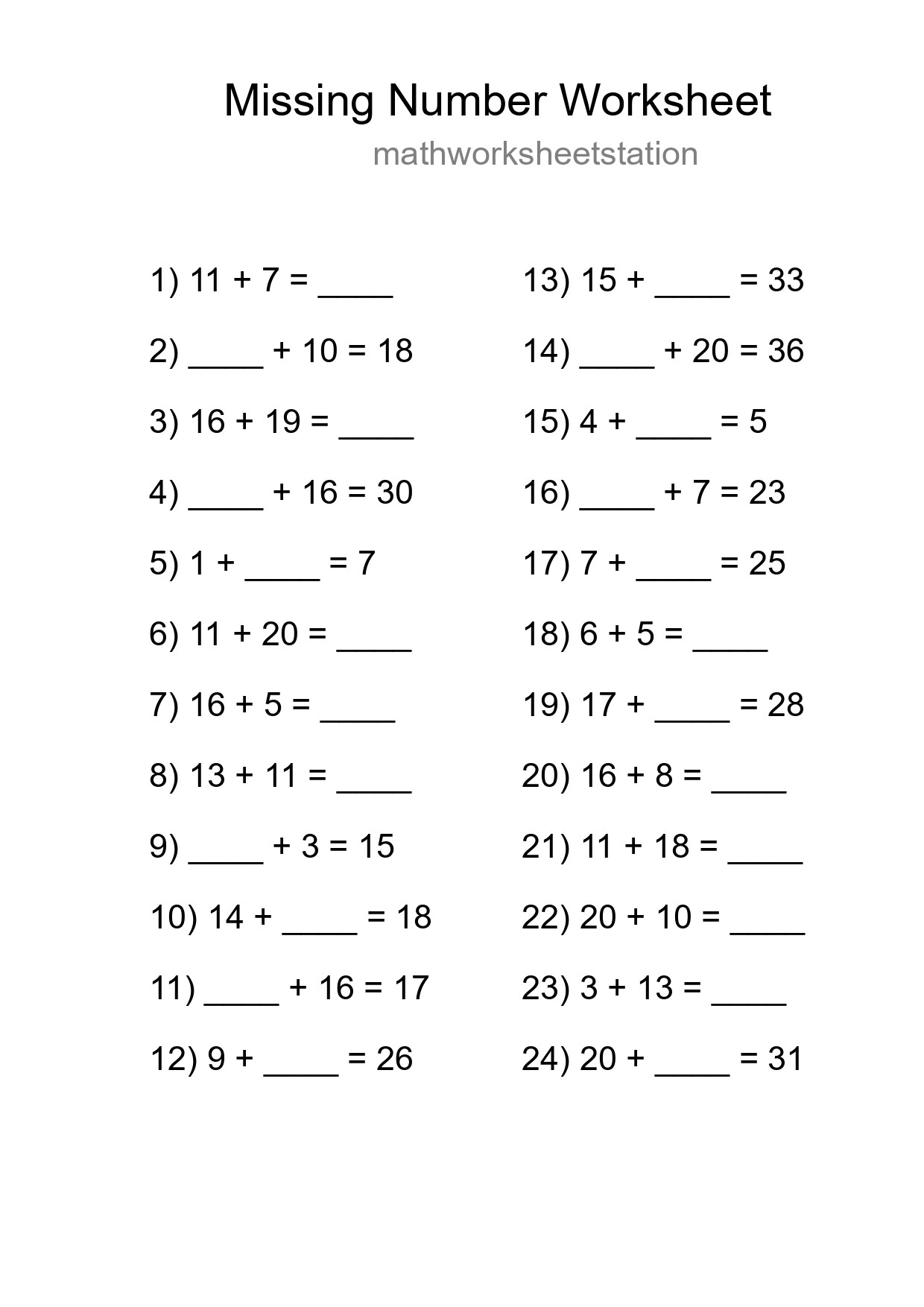 Missing Number Math Worksheet