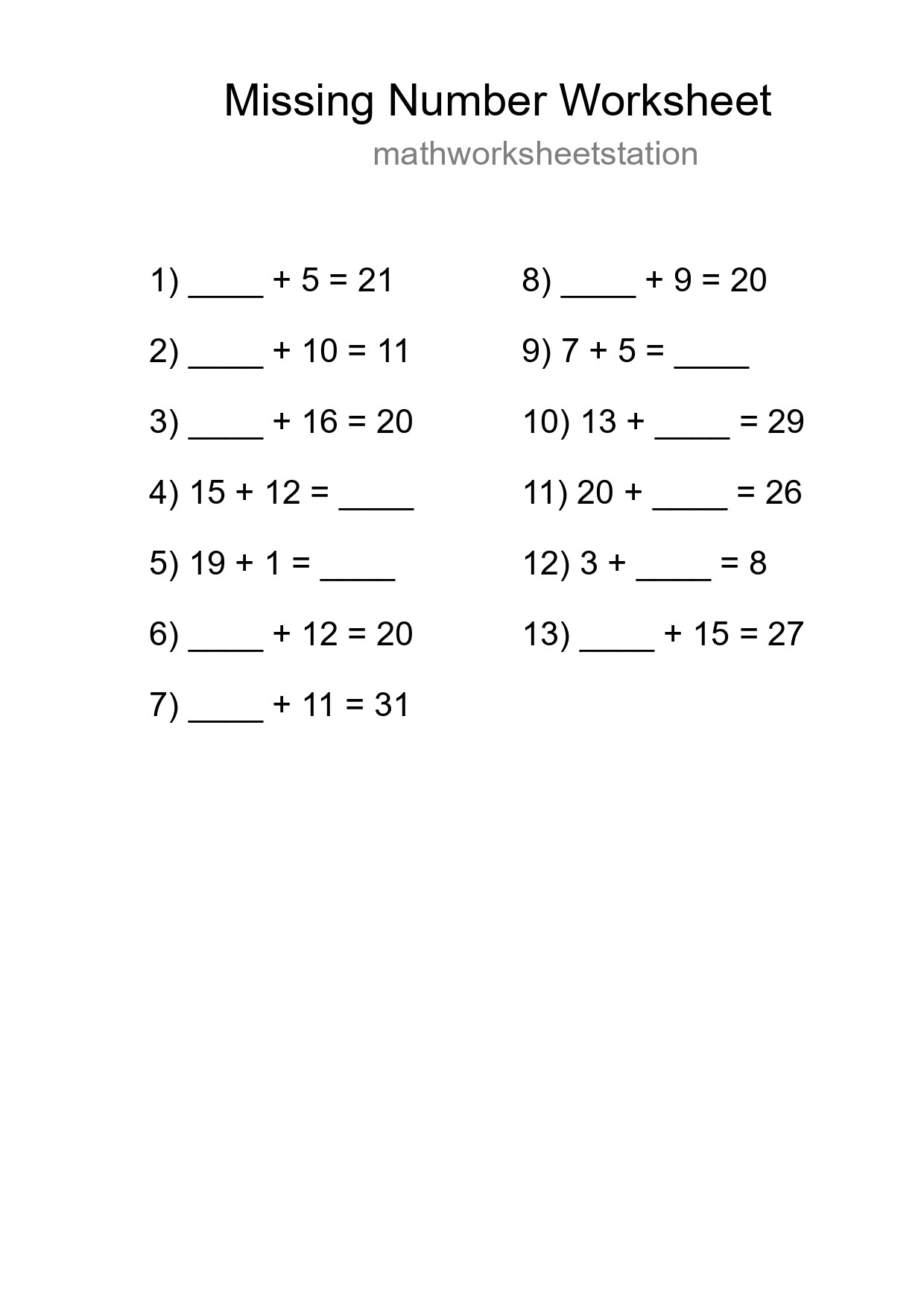 Missing Number Math Worksheet