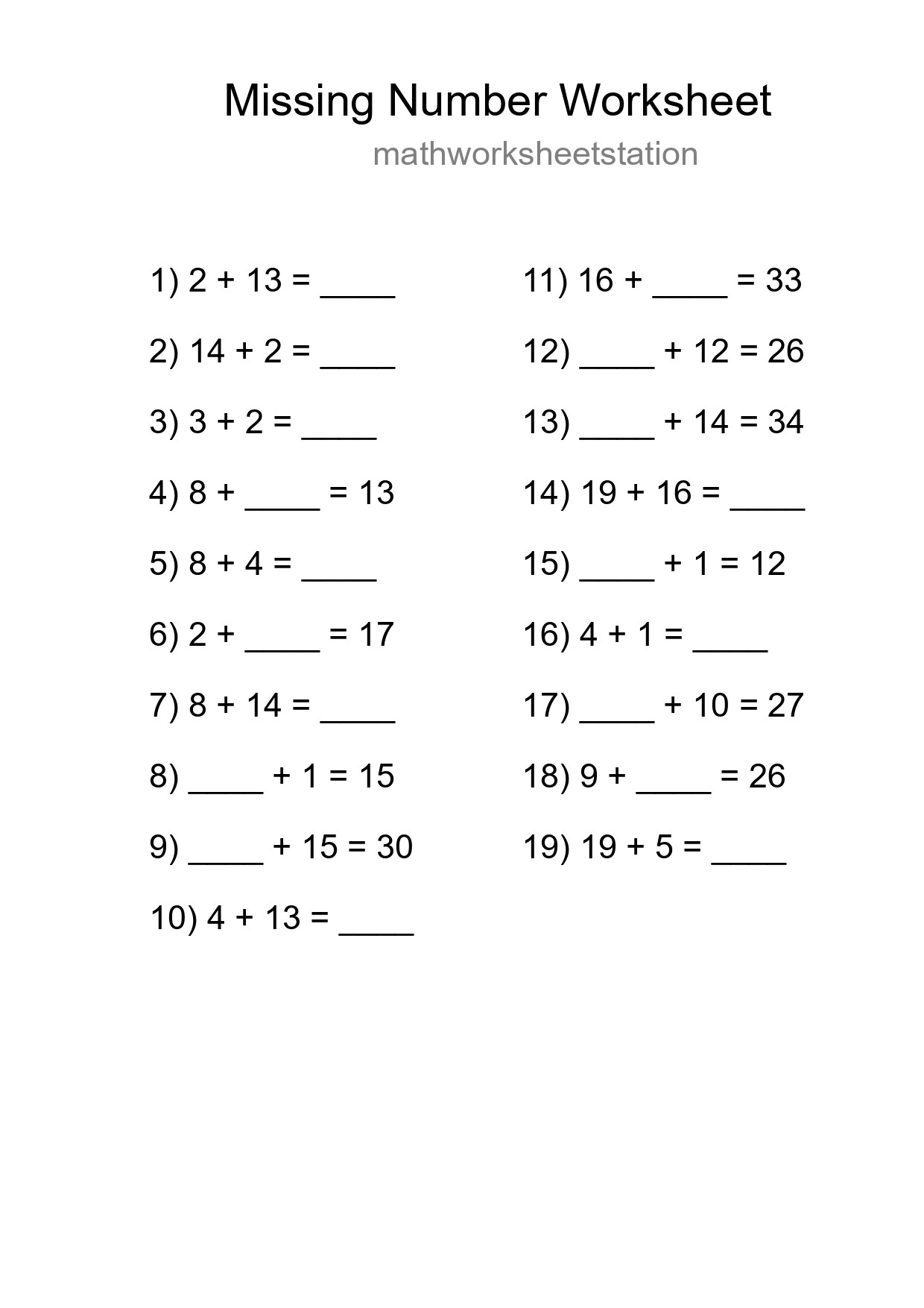 Missing Number Math Worksheet