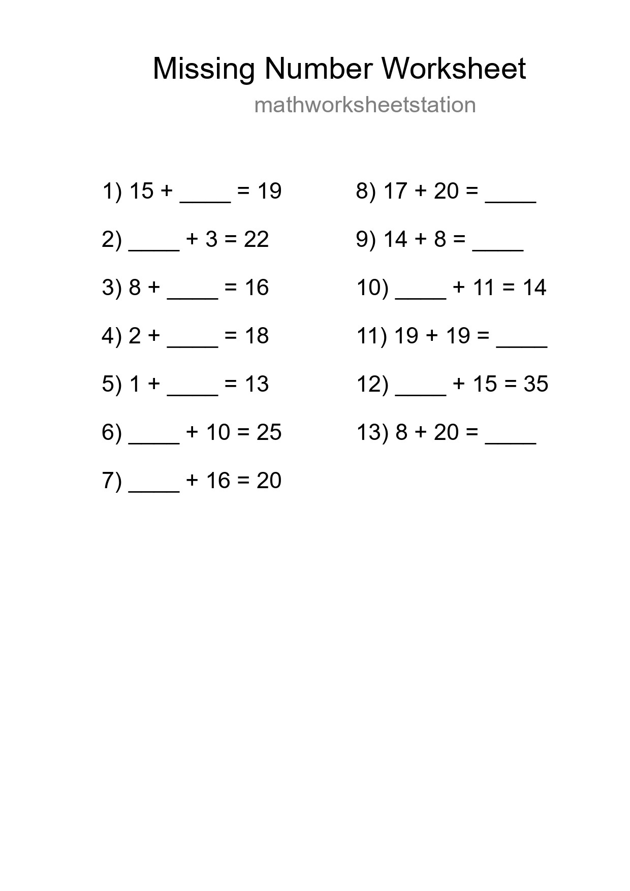 Missing Number Math Worksheet