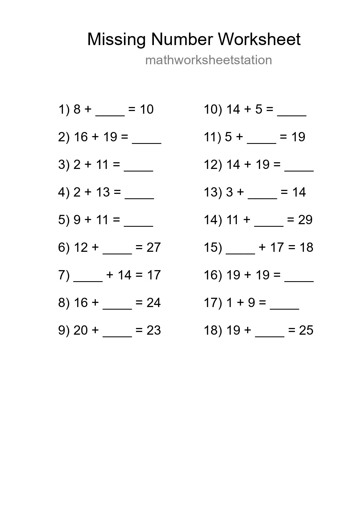 Missing Number Math Worksheet