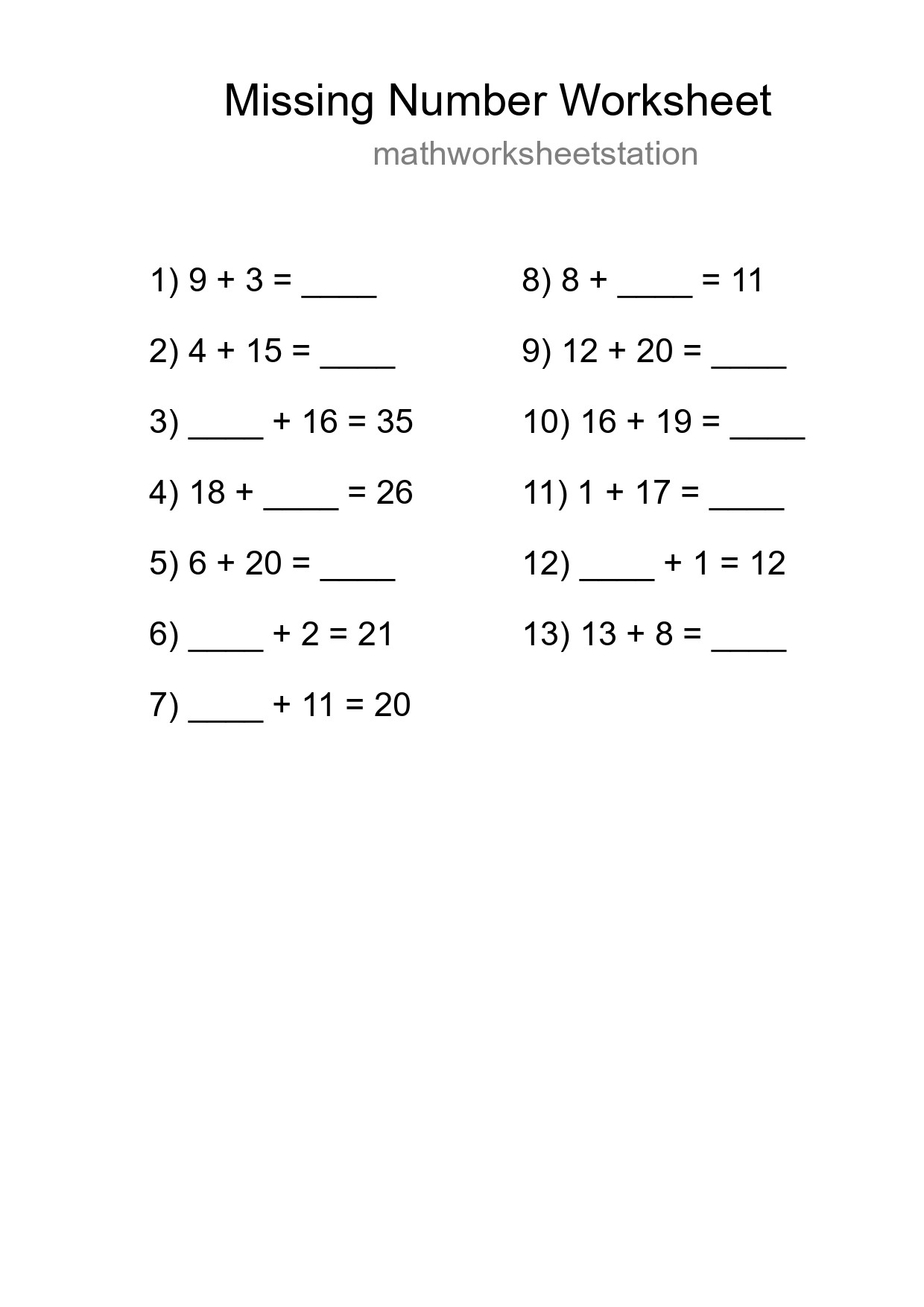 Missing Number Math Worksheet