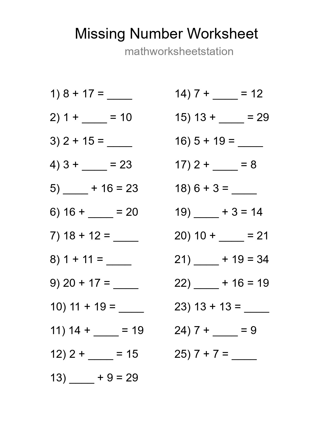 Missing Number Math Worksheet