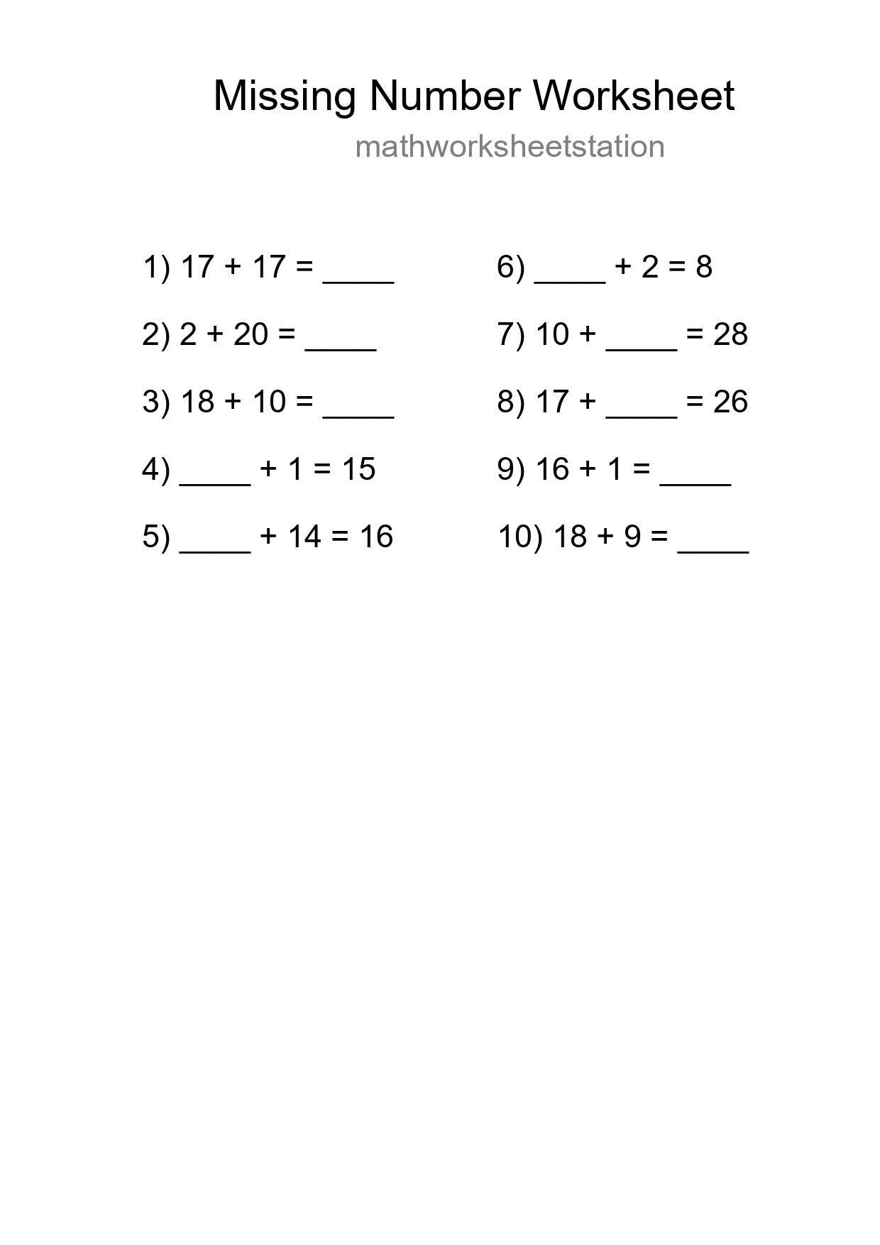 Missing Number Math Worksheet