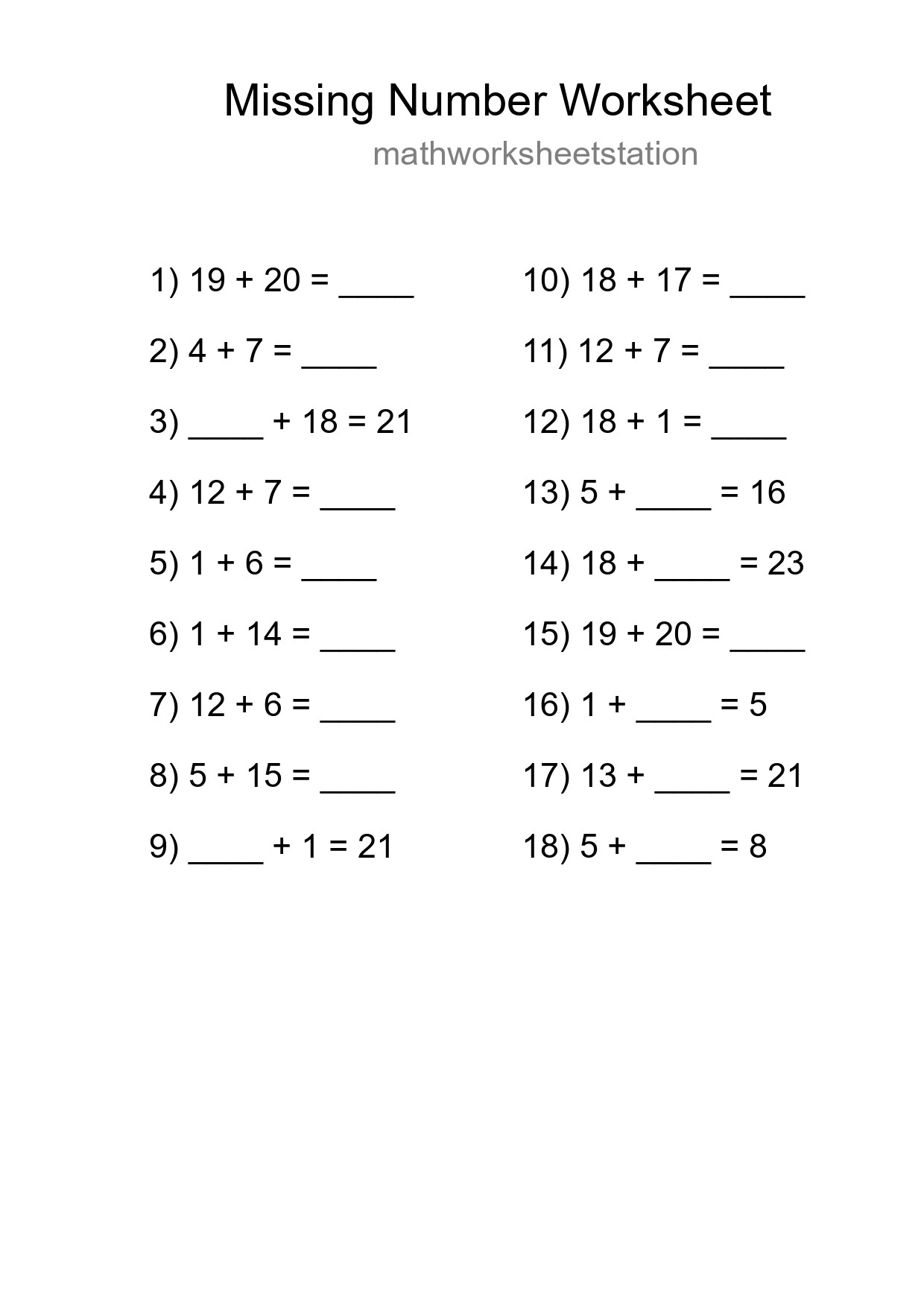 Missing Number Math Worksheet