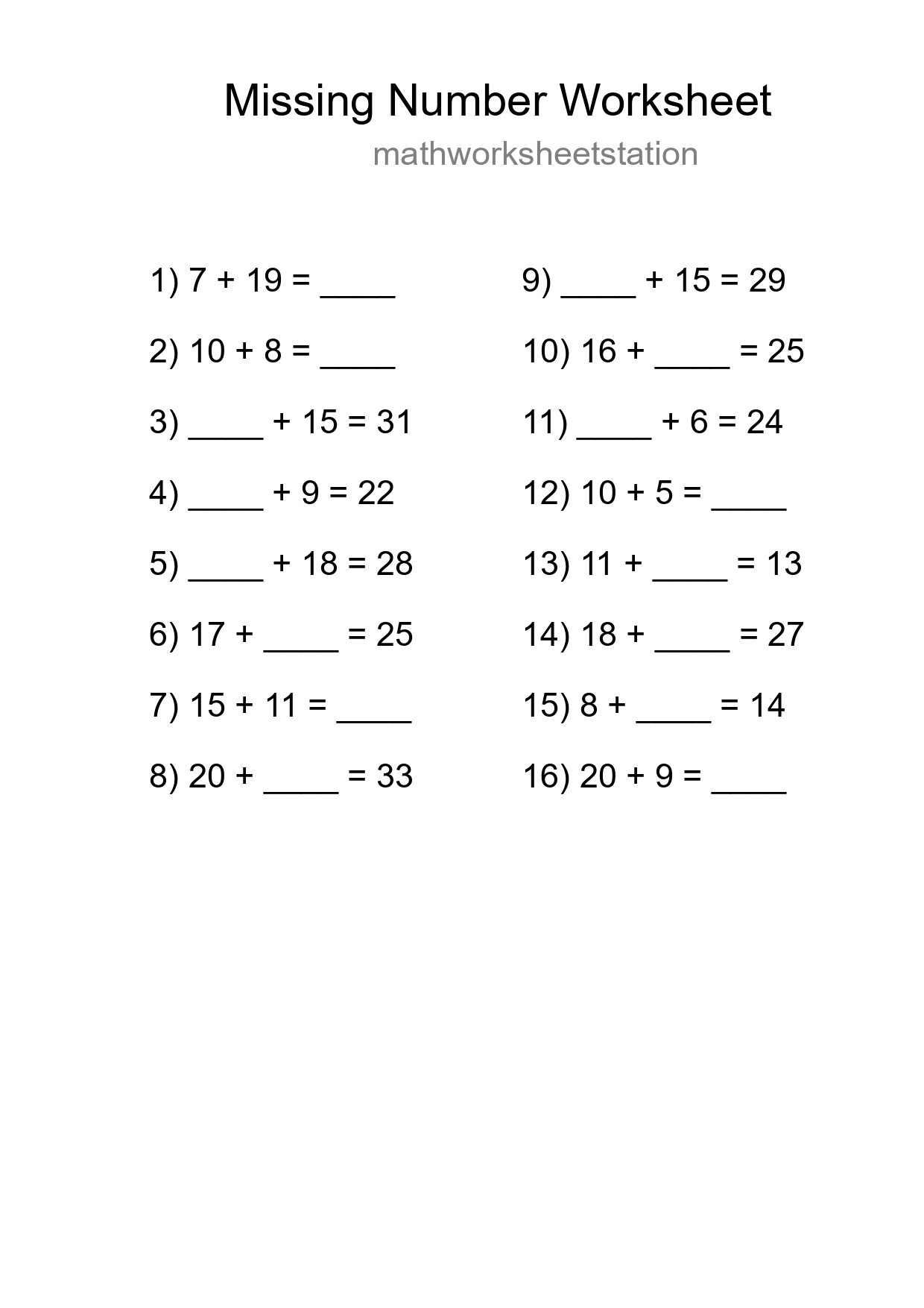 Missing Number Math Worksheet