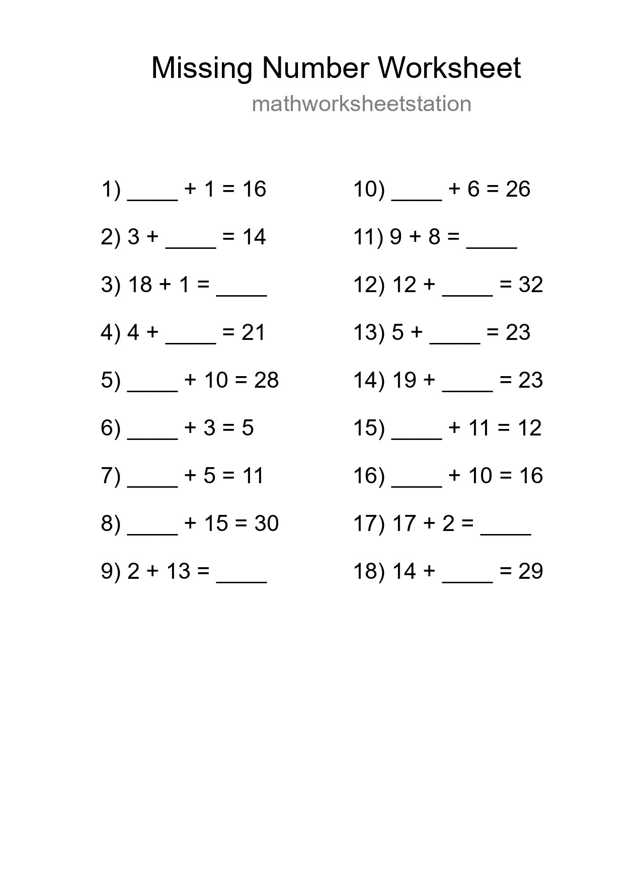 Missing Number Math Worksheet