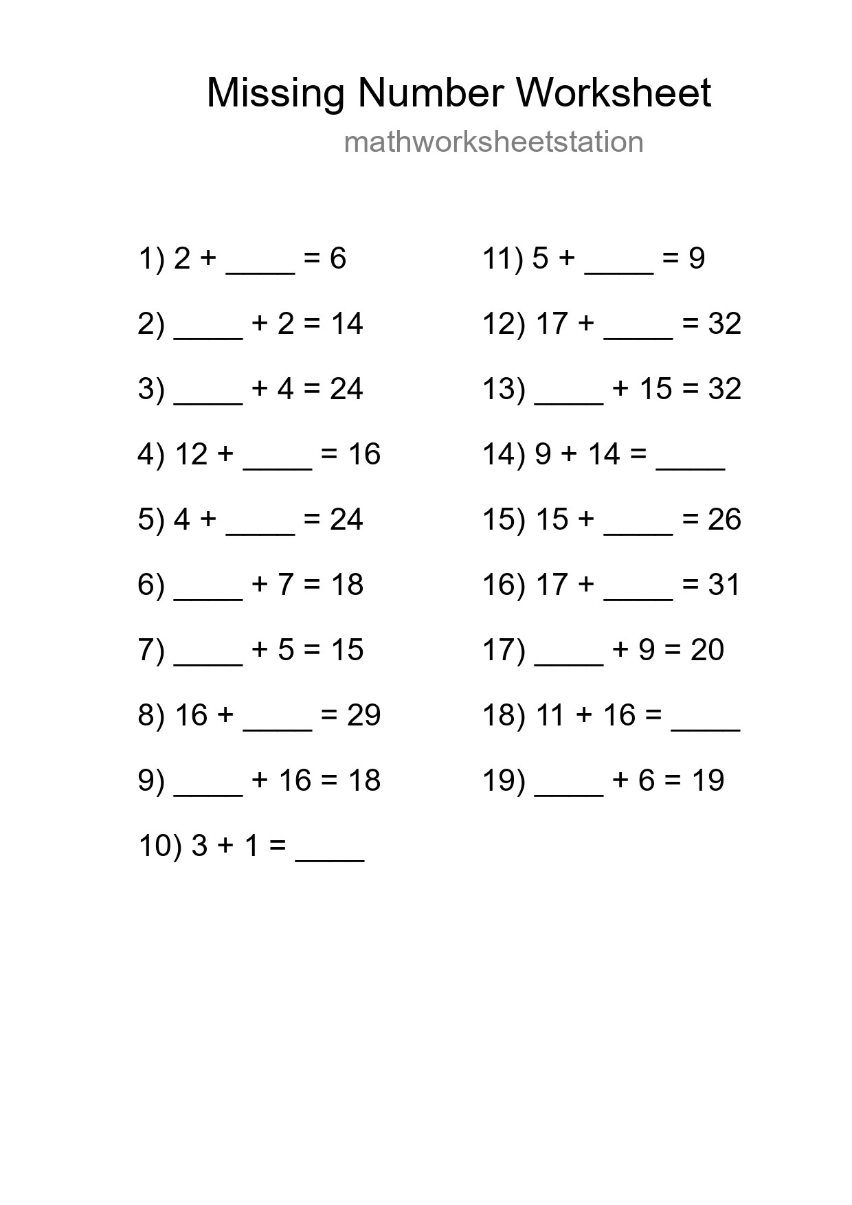 Missing Number Math Worksheet