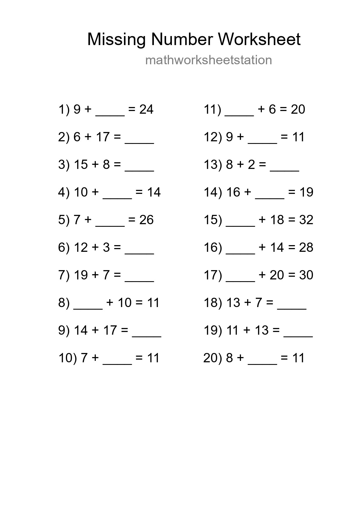 Missing Number Math Worksheet