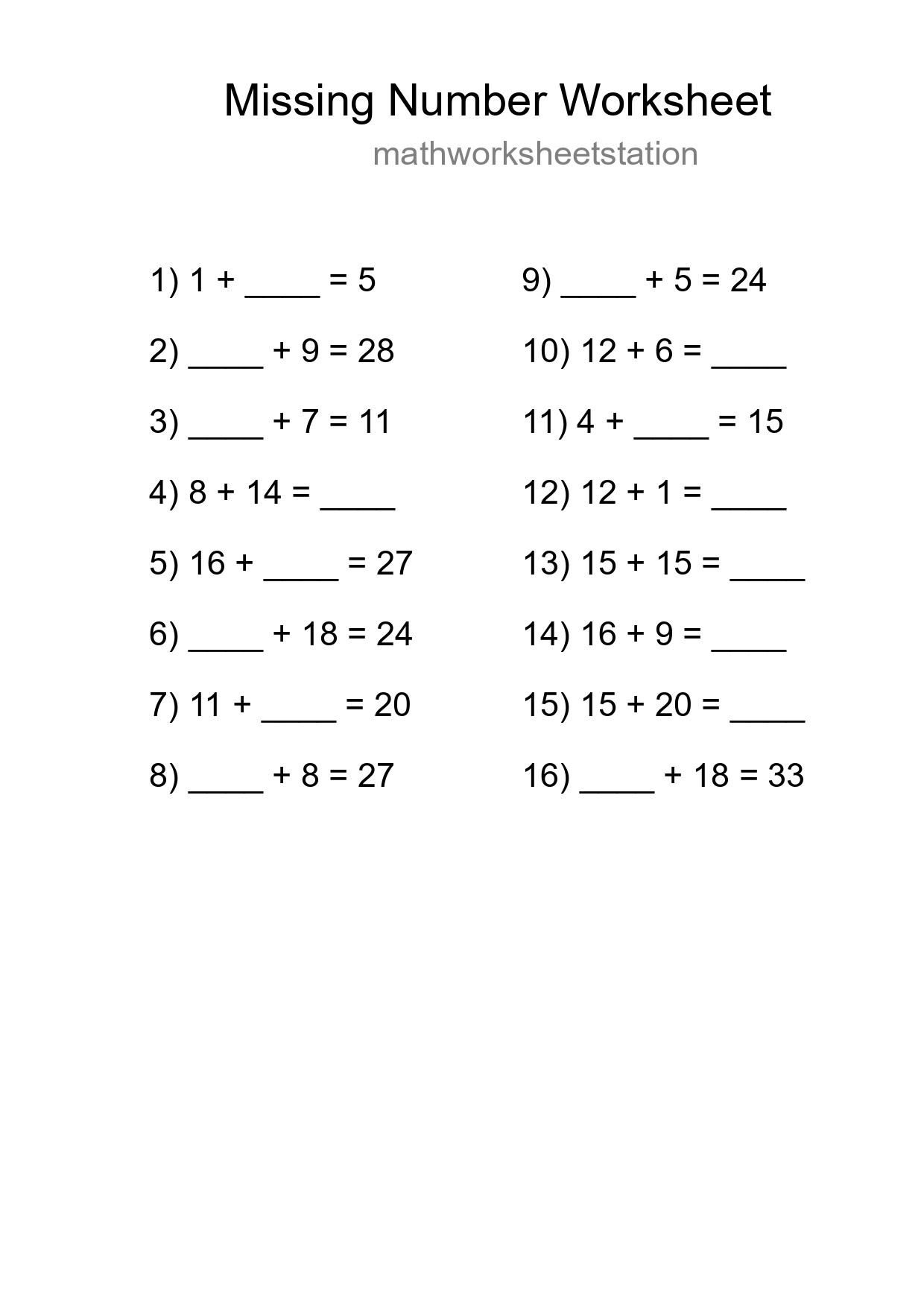 Missing Number Math Worksheet