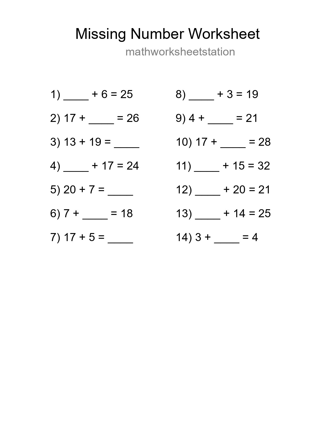 Missing Number Math Worksheet