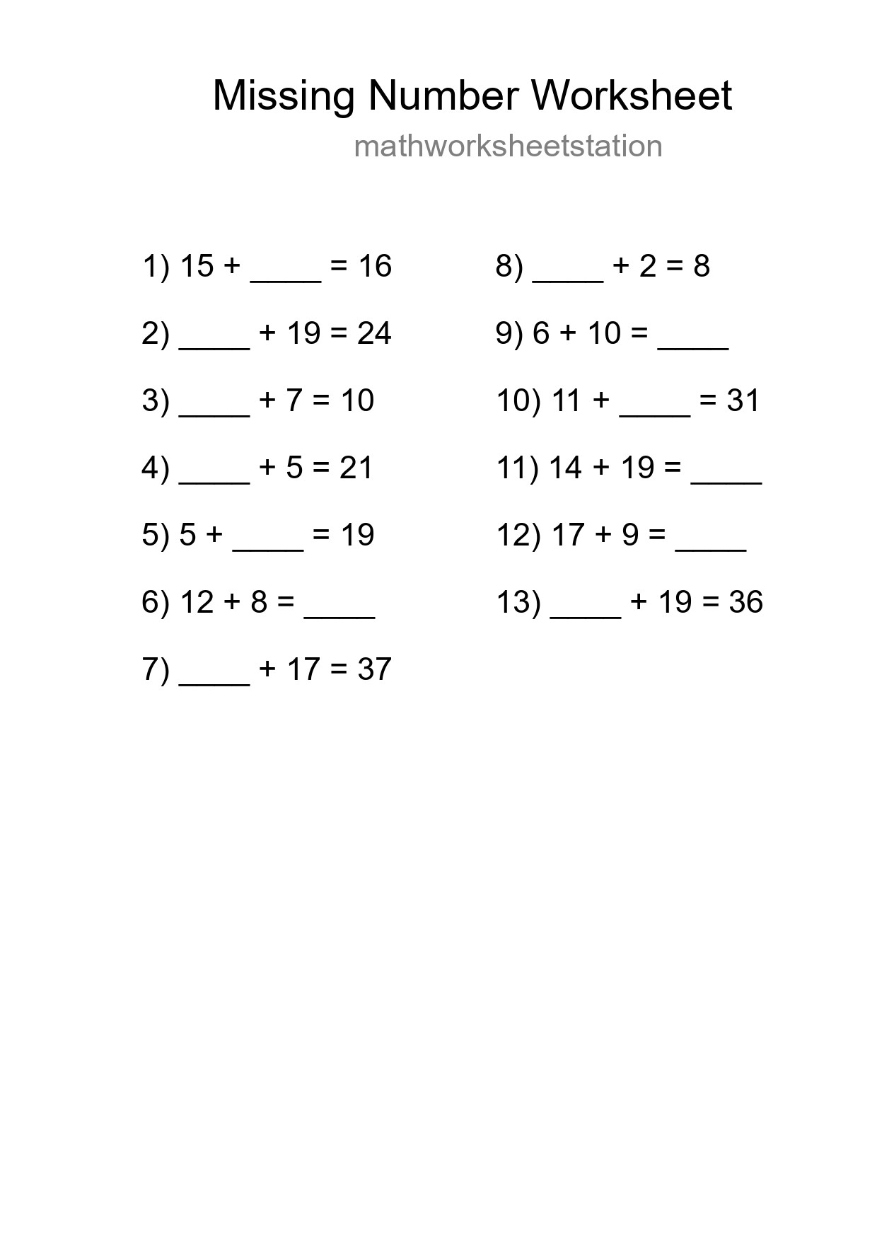 Missing Number Math Worksheet