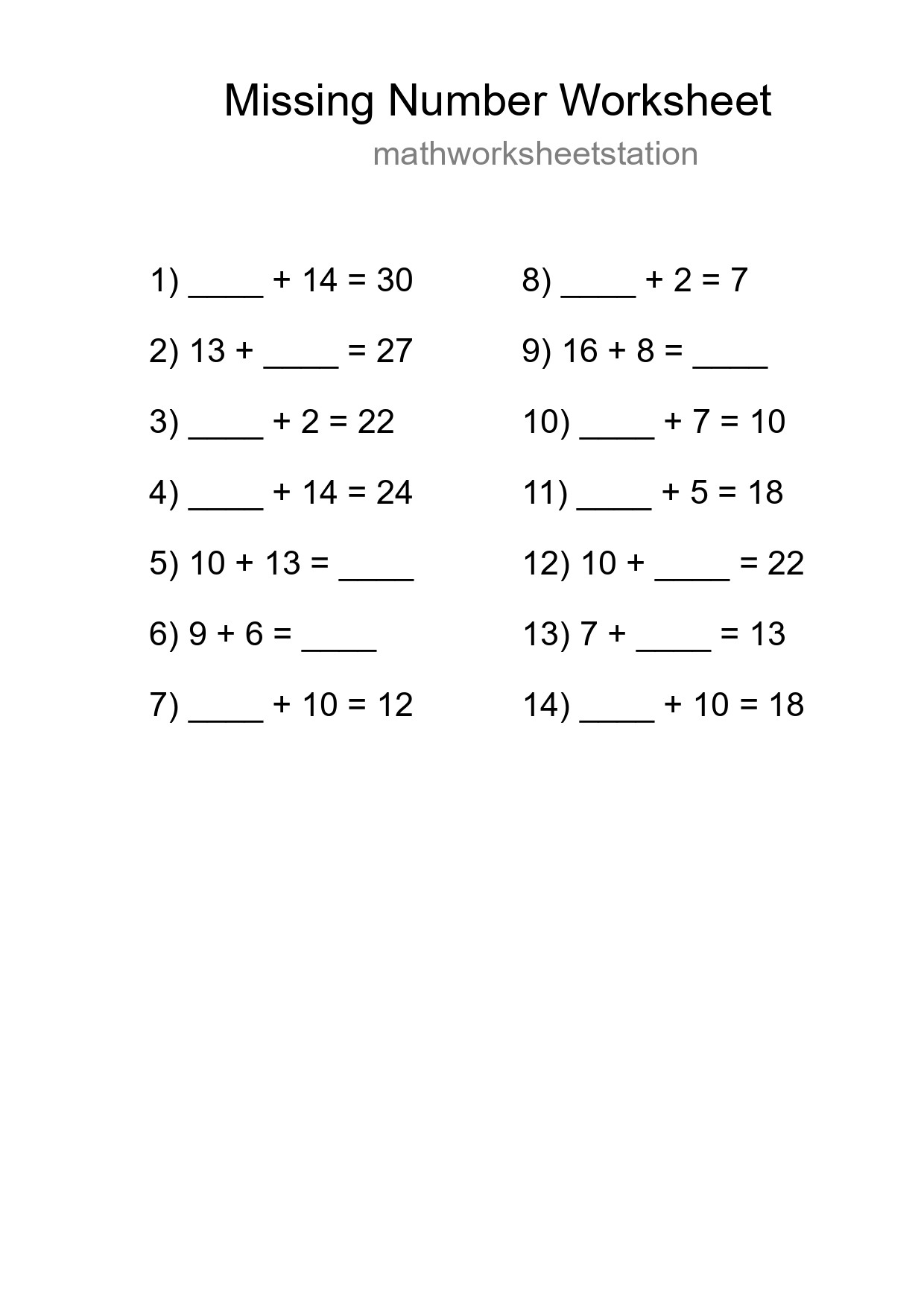 Missing Number Math Worksheet