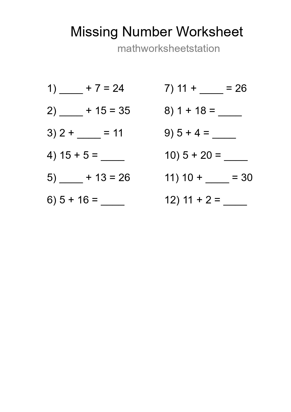 Missing Number Math Worksheet