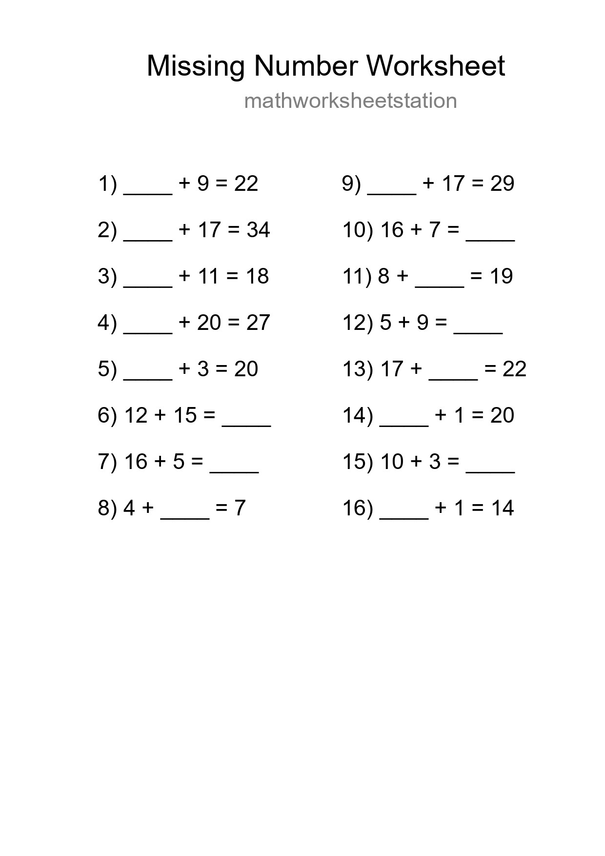 Missing Number Math Worksheet