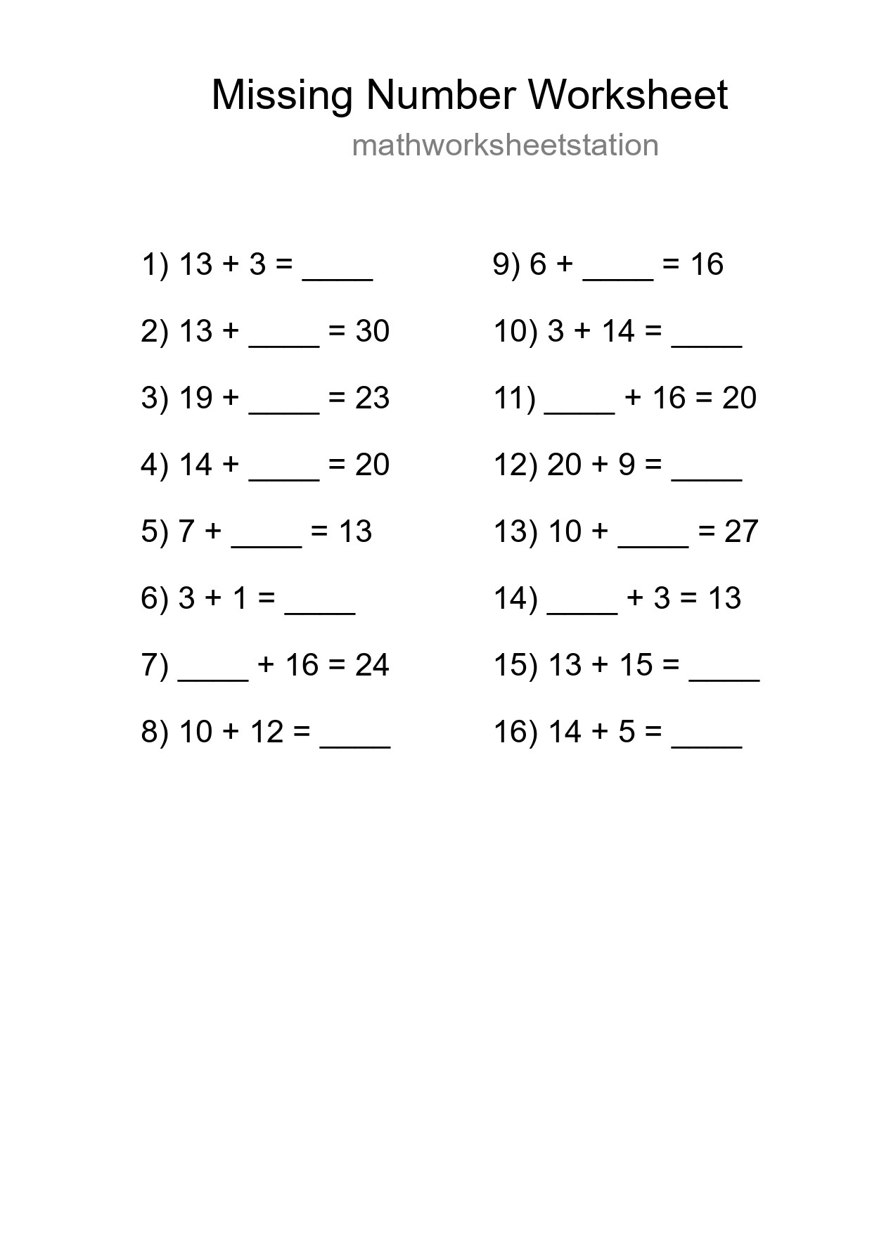 Missing Number Math Worksheet