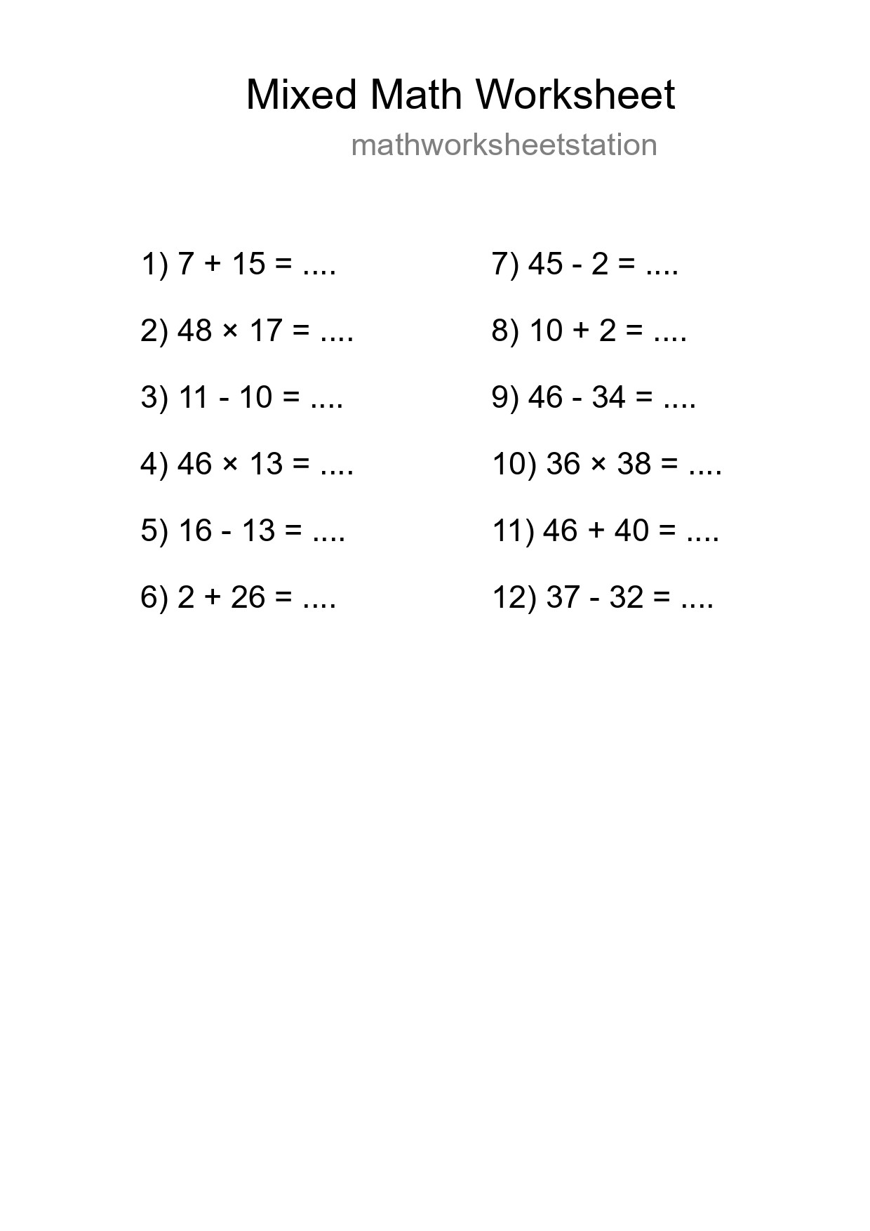 Mixed Operations Math Worksheet