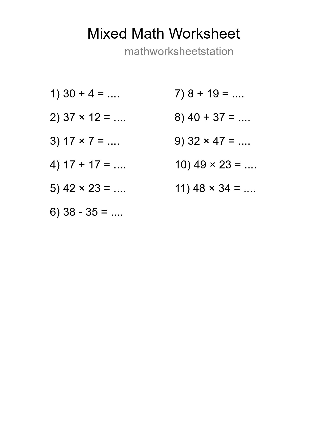 Mixed Operations Math Worksheet