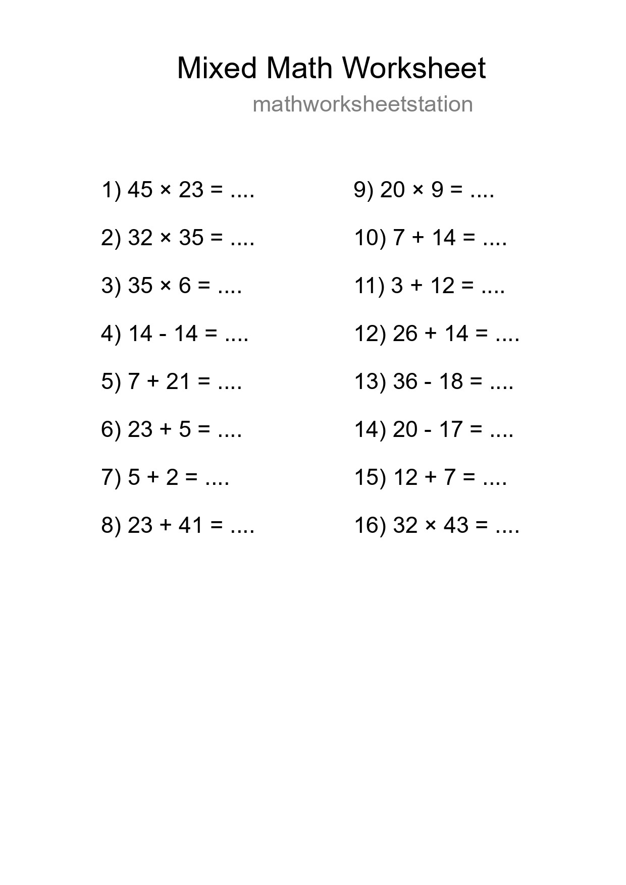Mixed Operations Math Worksheet