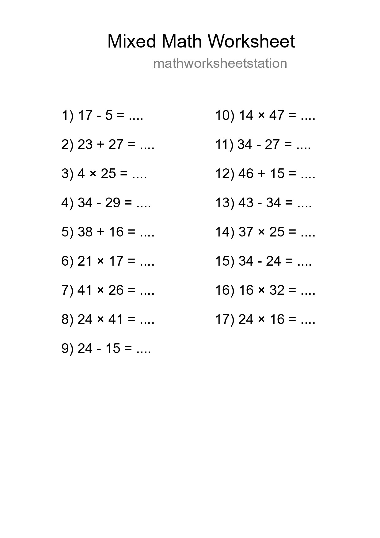 Mixed Operations Math Worksheet