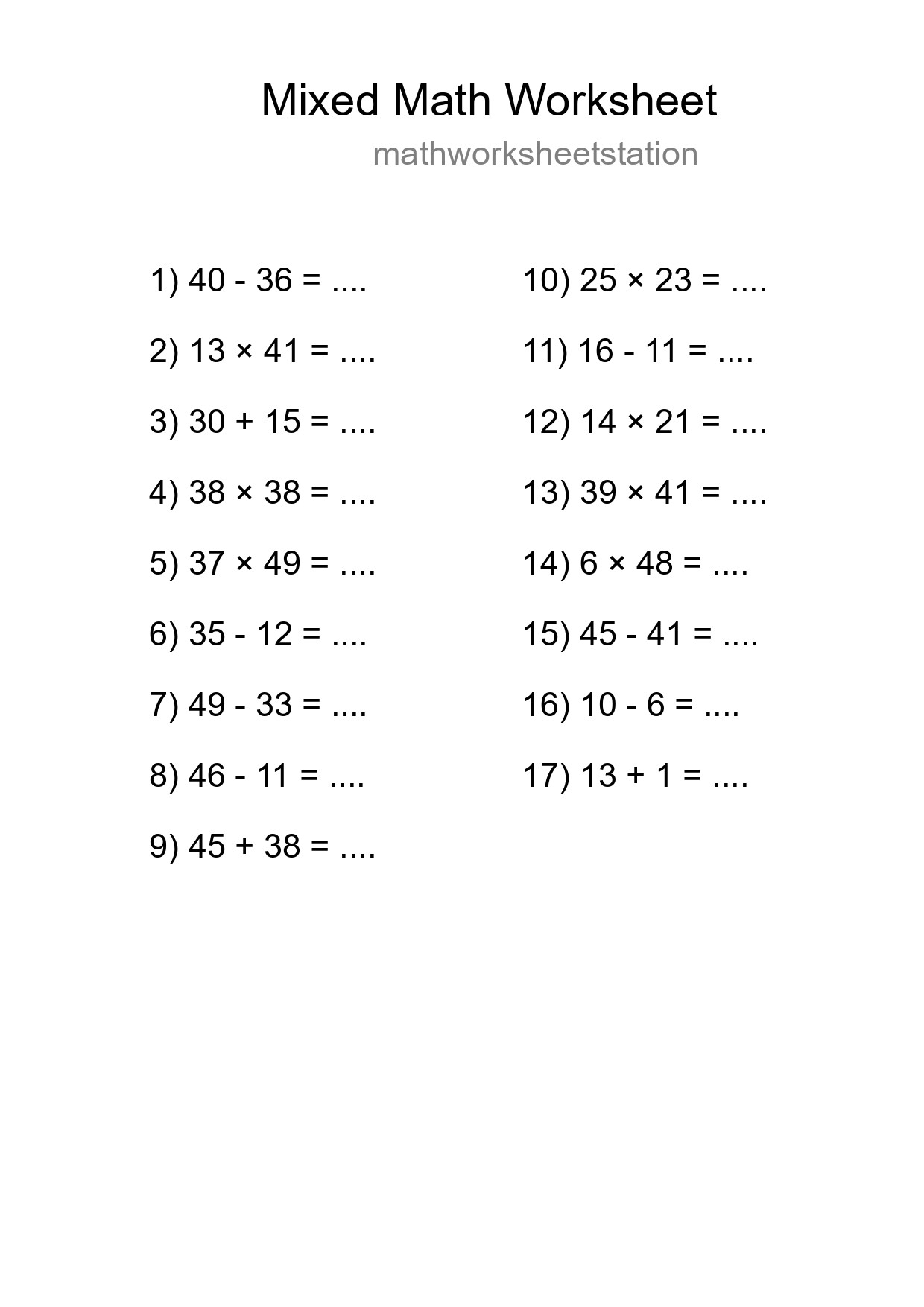 Mixed Operations Math Worksheet