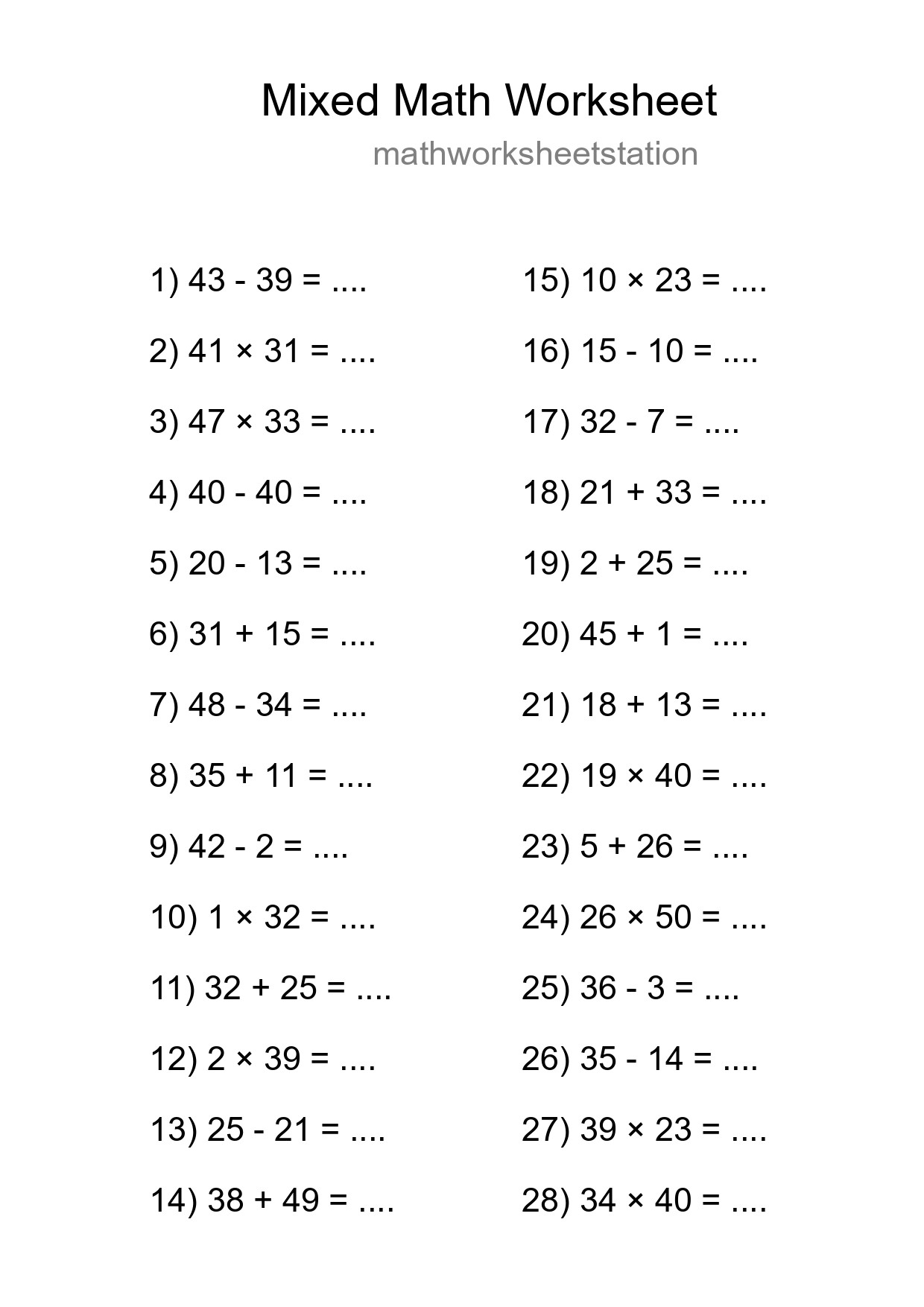 Mixed Operations Math Worksheet
