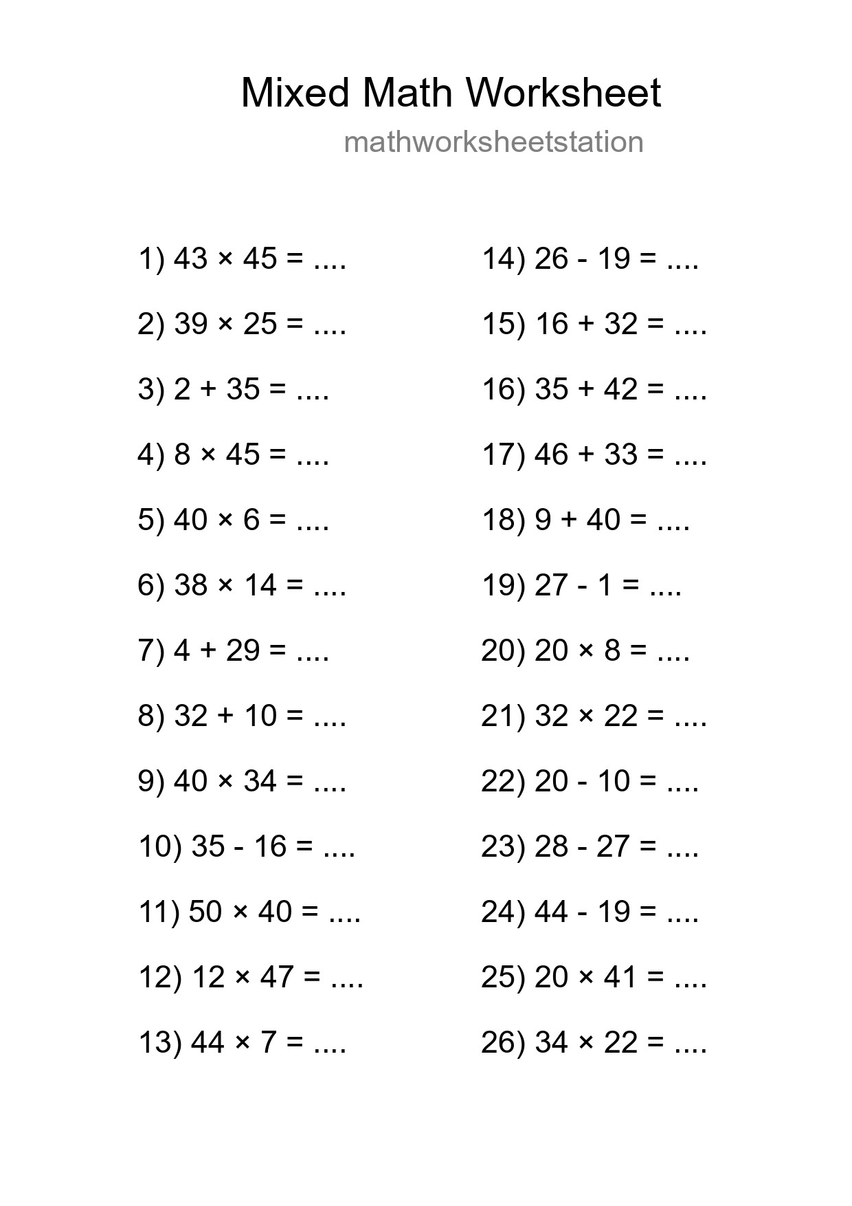 Mixed Operations Math Worksheet