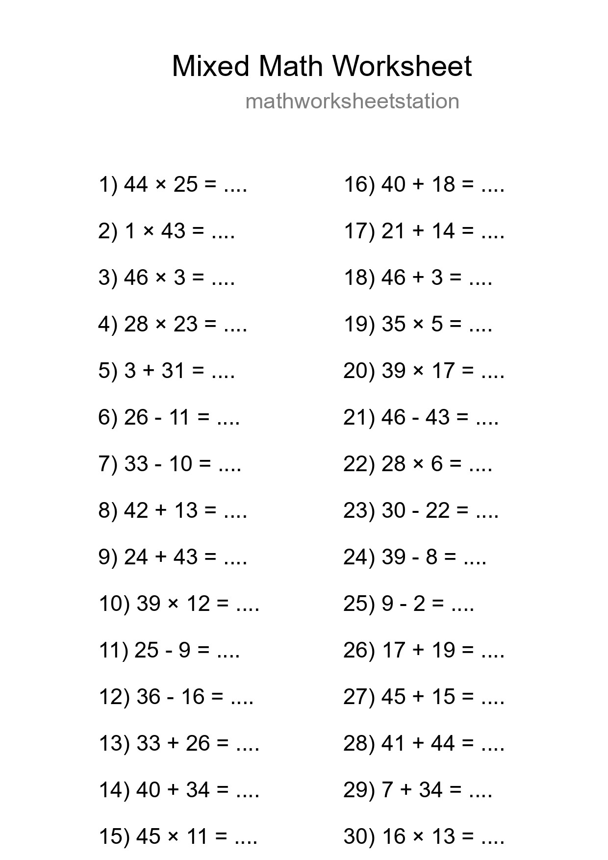 Mixed Operations Math Worksheet