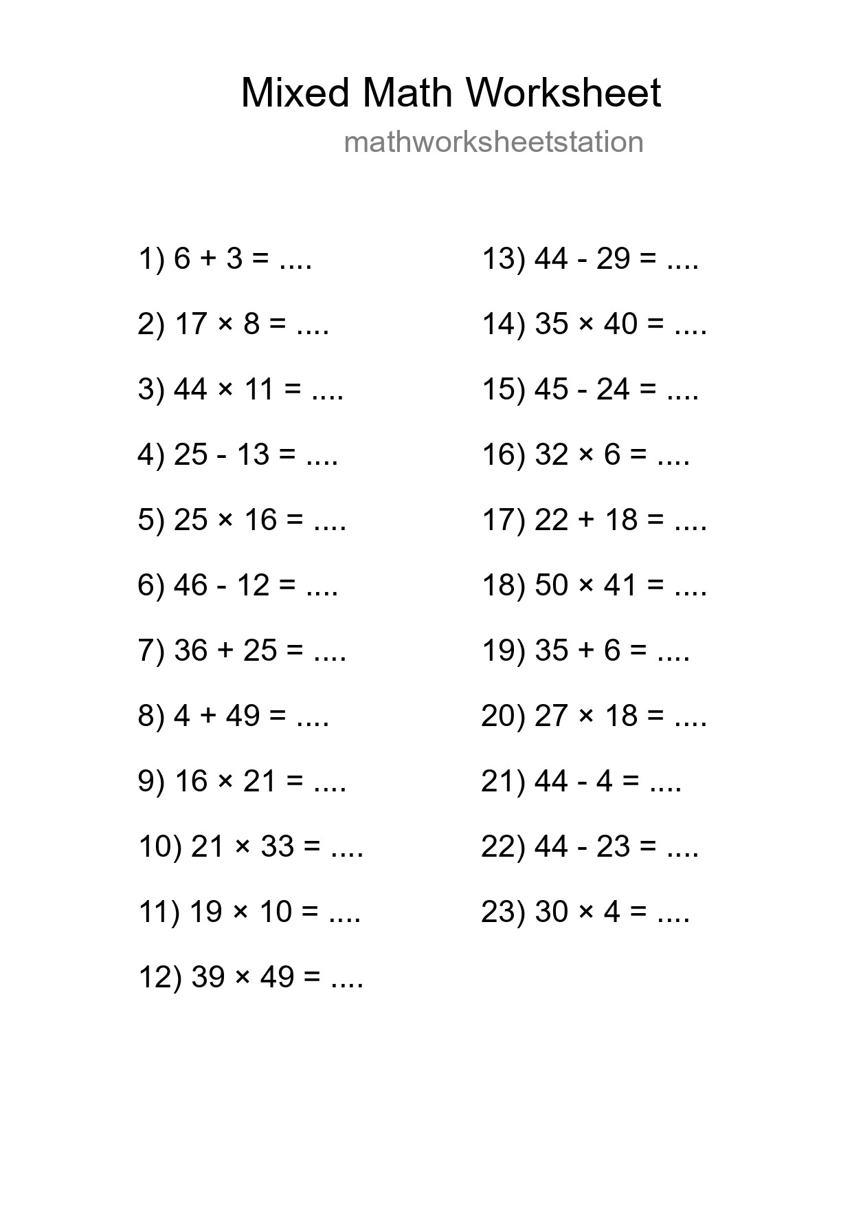 Mixed Operations Math Worksheet