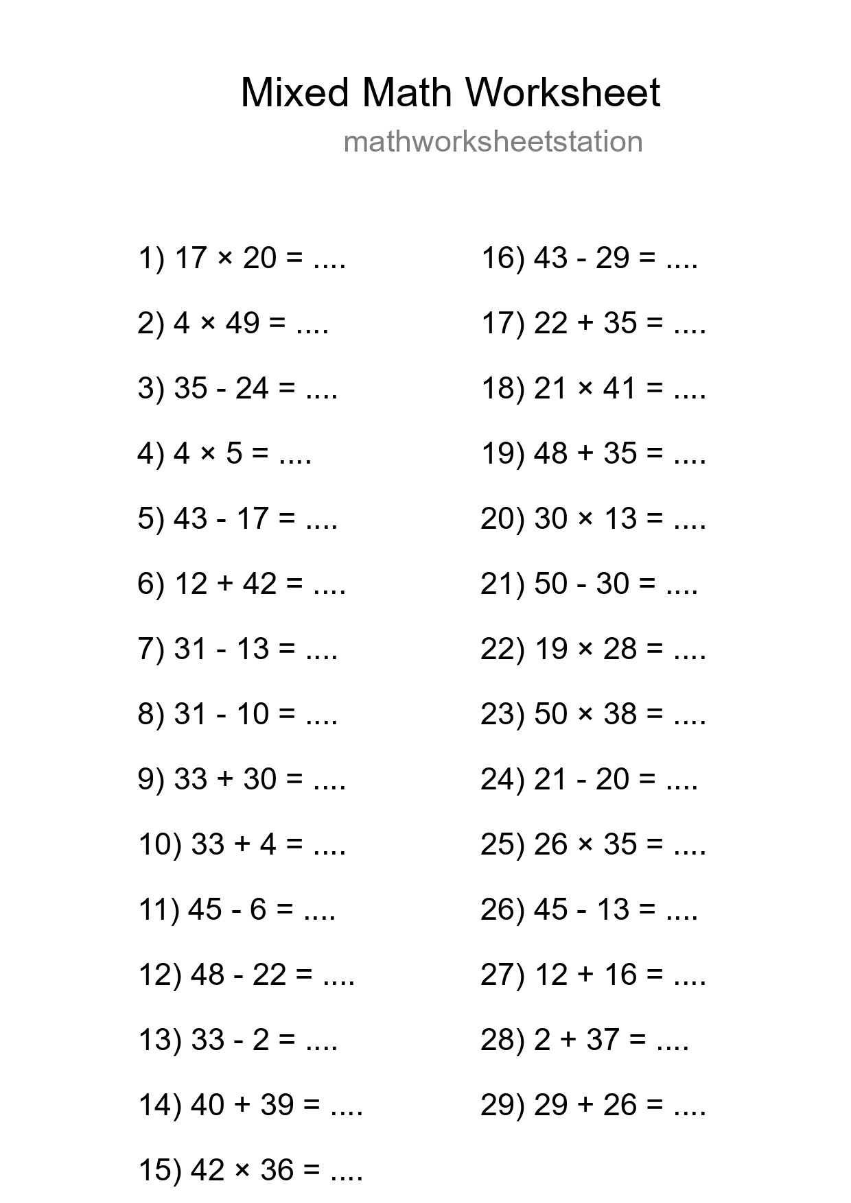 Mixed Operations Math Worksheet